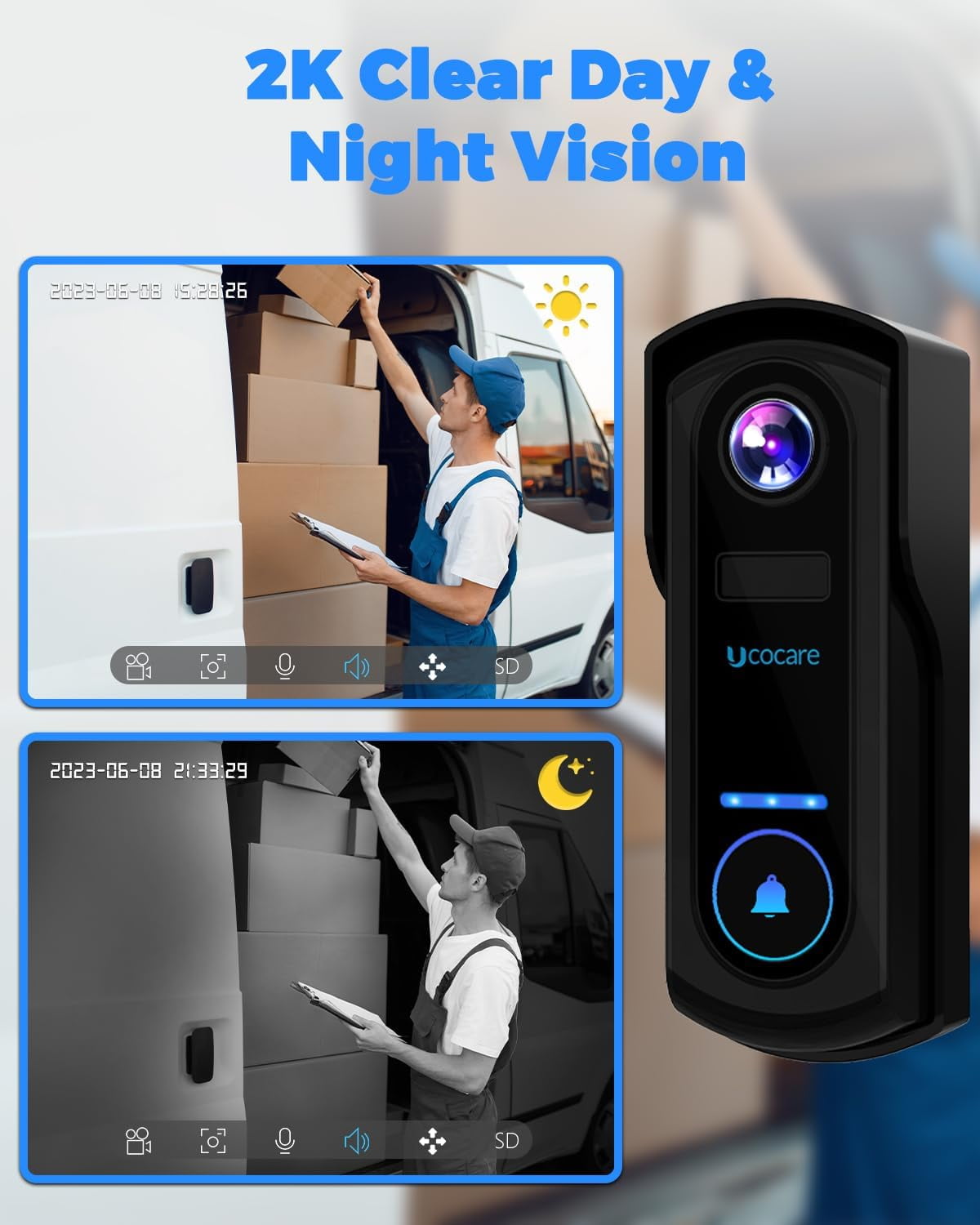 UCOCARE Video Doorbell Wireless with Chime, 2K FHD WiFi Doorbell Camera, PIR Motion Detection, Voice Message, Night Vision, 2-Way Audio, IP67, Support Local Storage & Cloud Storage - Image 9