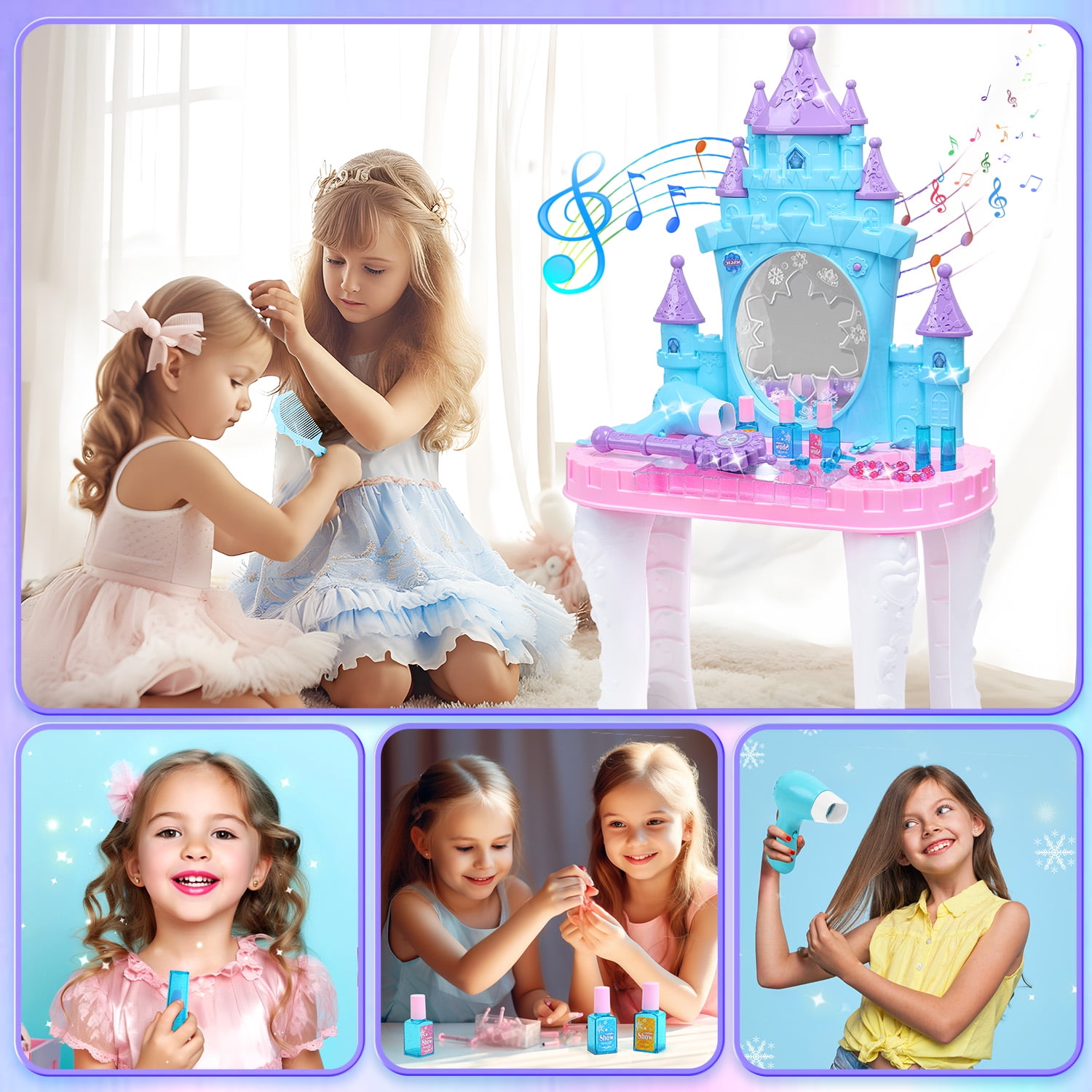 JoyStone Toddler Makeup Table with Mirror and Chair, Kids Makeup Vanity Set with Accessories and Lights and Music Sounds, Makeup Accessories & Blowdryer for Toddlers 2-5 Years Old - Image 9