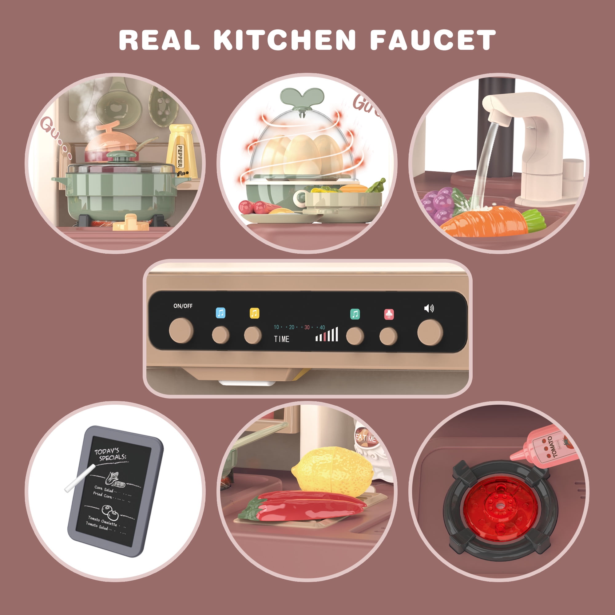 Yexmas Play Kitchen, 37"H Kids Kitchen Playset with Real Sounds & Lights,Pretend Play Food Toys,Play Sink,Cooking Stove with Steam,Toddler Kitchen Toy Gift for Boys and Grlis, 65PCS - Image 6