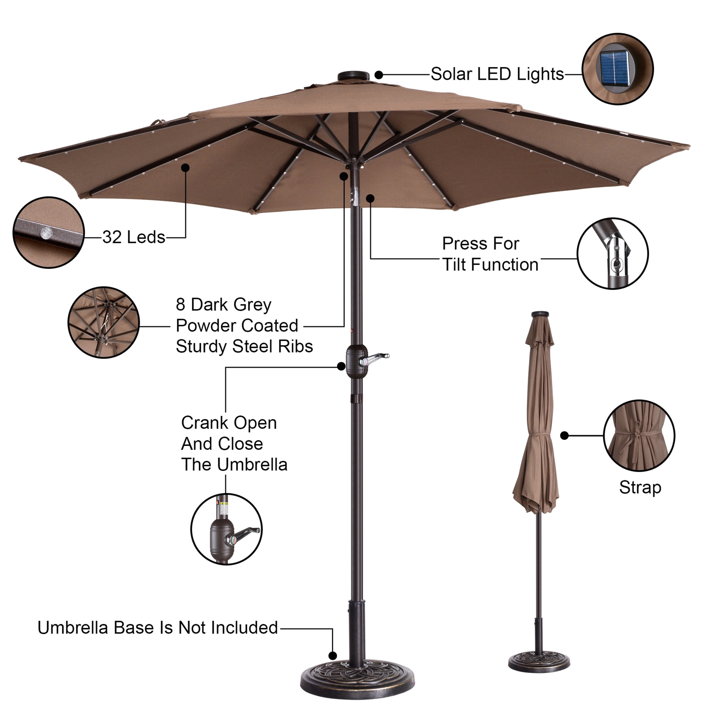 Villacera 9FT Outdoor Patio Umbrella with Solar Lights and Tilt, Brown - Image 5