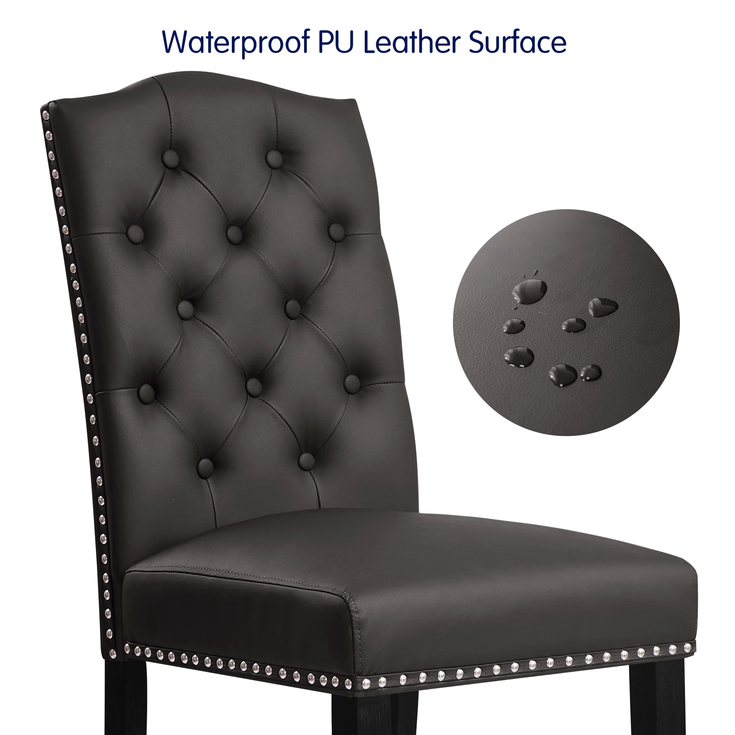 Subrtex Upholstered Dining Chairs Set of 2, PU Leather Dining Chair with Nail heads Trim, Button Padded Chairs Set for Kitchen Dining Room, Gray - Image 4