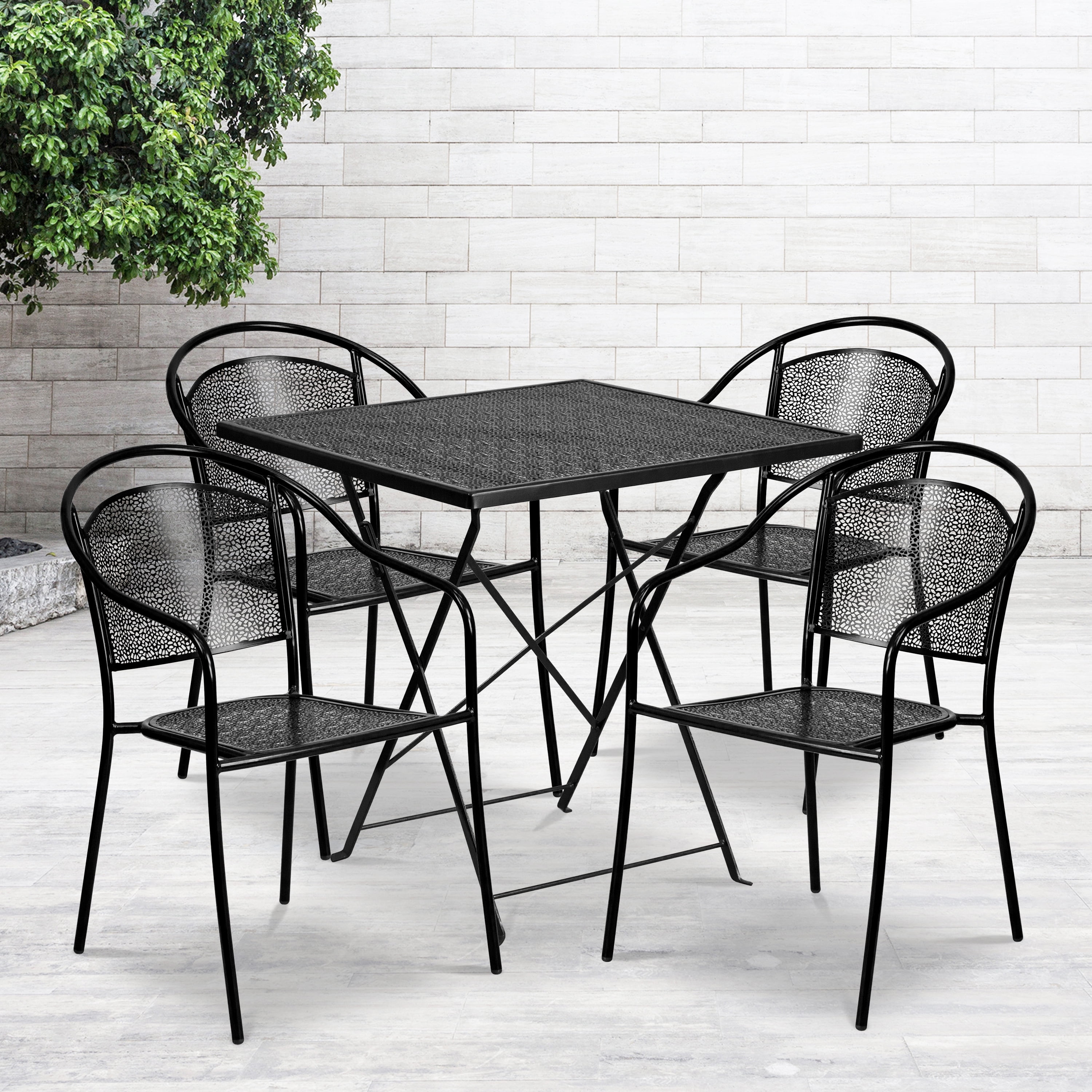 Flash Furniture Oia Commercial Grade 28" Square Black Indoor-Outdoor Steel Folding Patio Table Set with 4 Round Back Chairs - Image 3