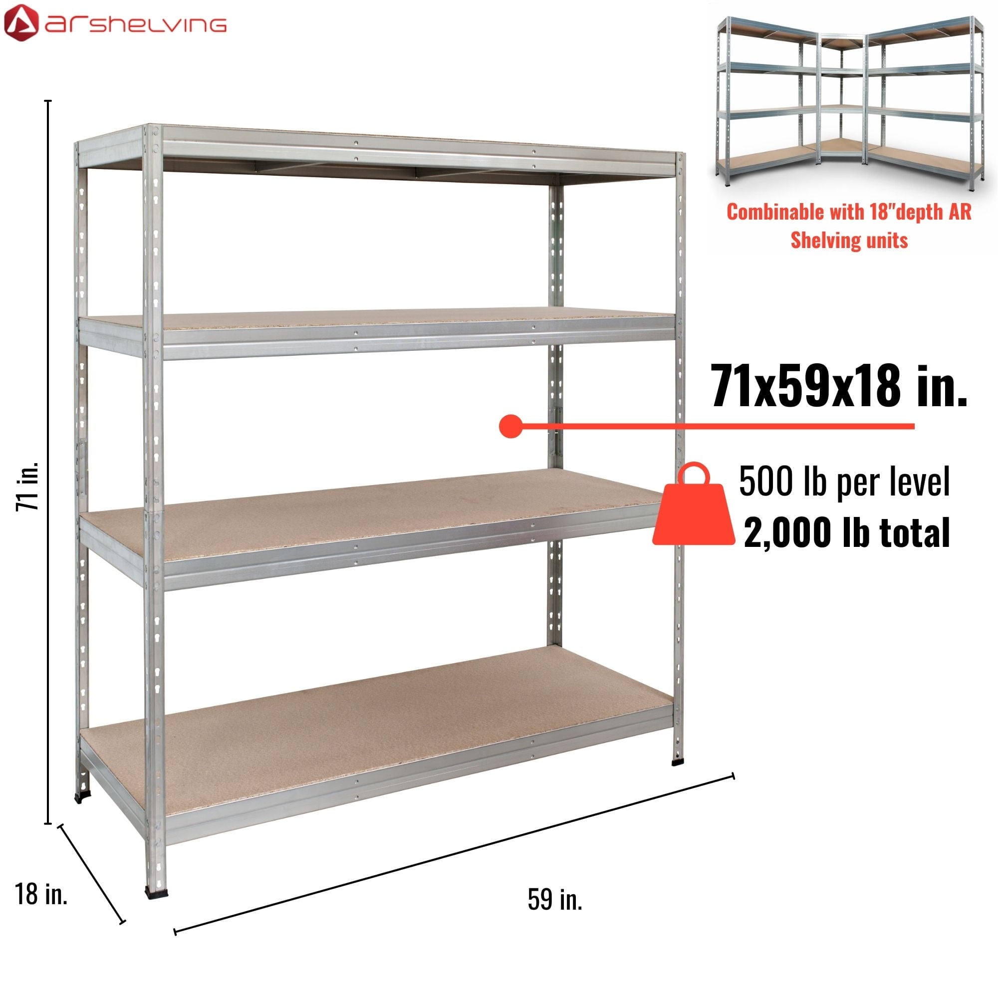 Ar Shelving Customizable Storage Collection 71"x59"x18" 4-Tier Metal Shelf 2000 lb Galvanized Finish - Image 8