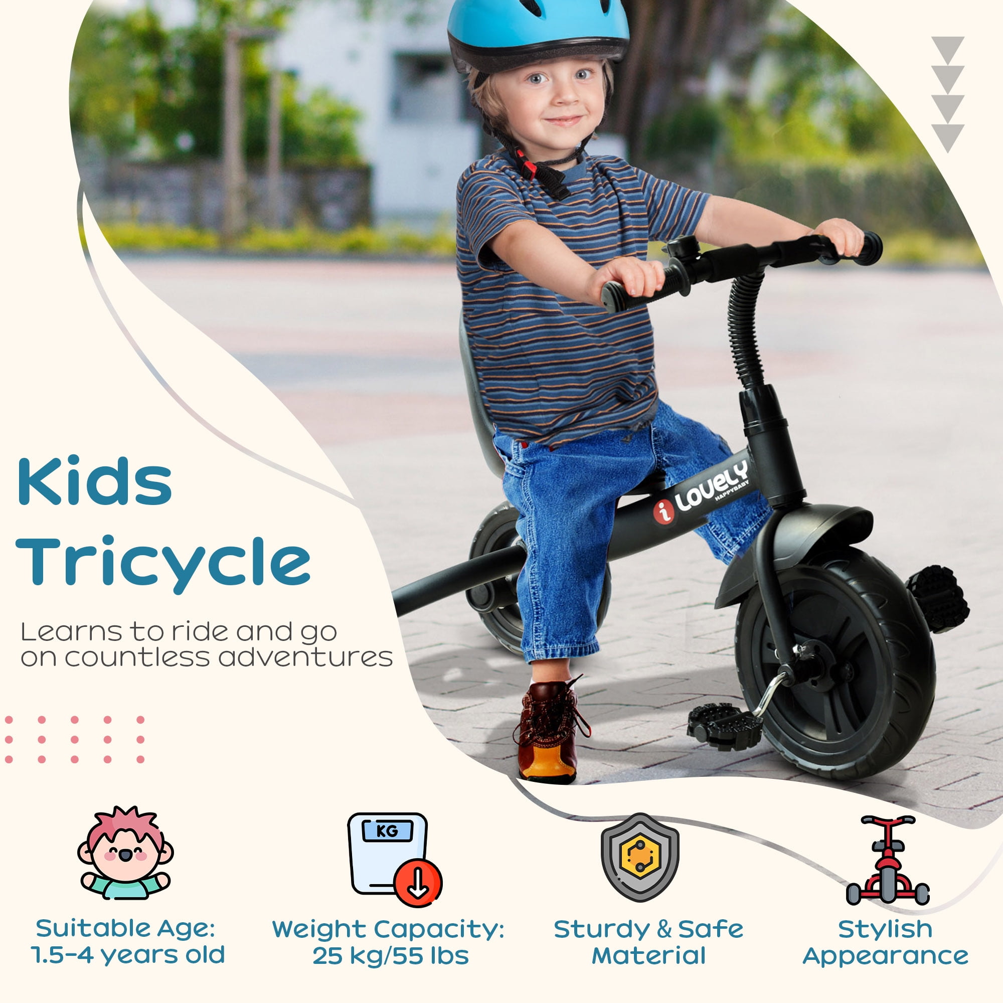 Qaba 3-Wheel Recreation Ride-On Toddler Tricycle With Bell Indoor / Outdoor - Black - Image 6