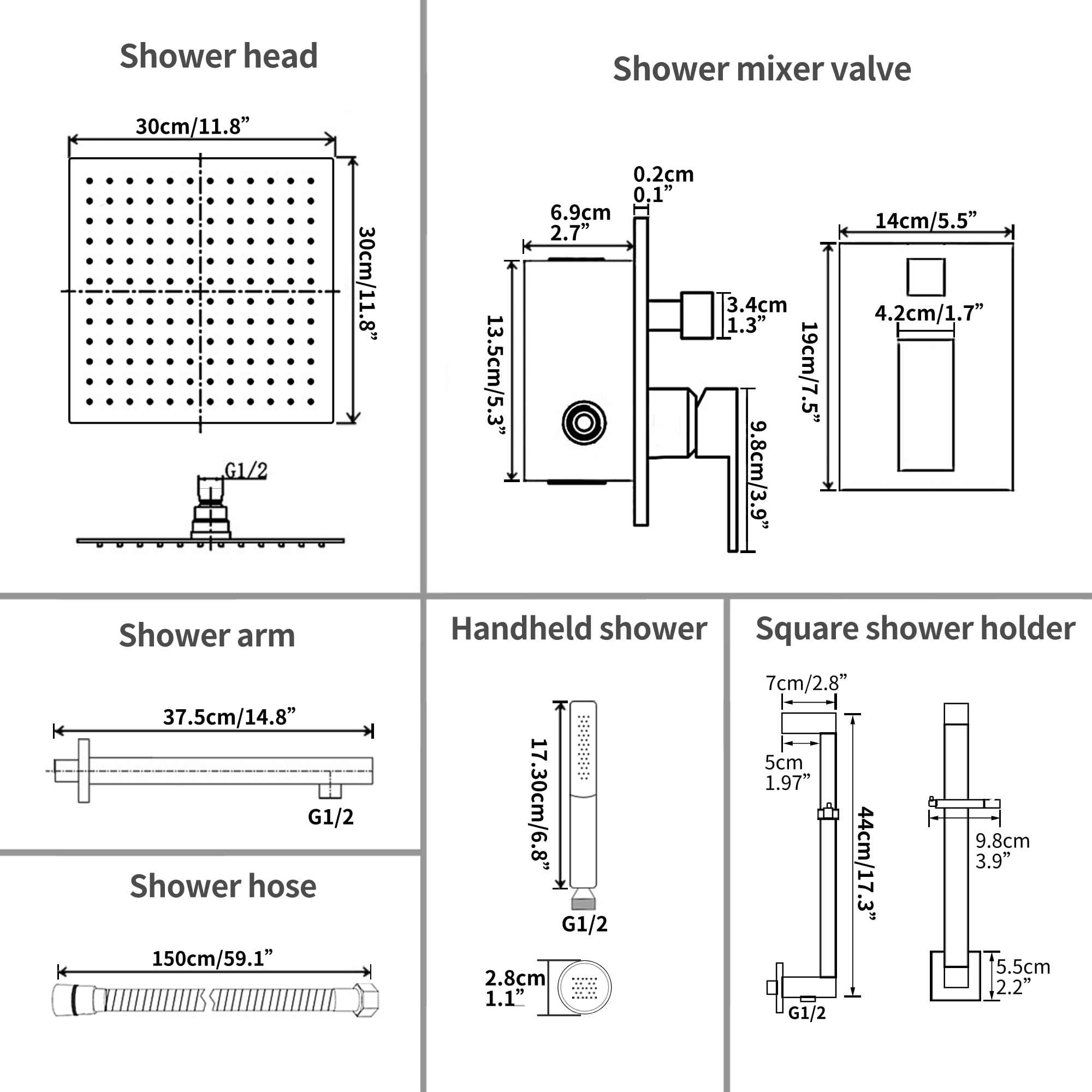 BESy Brushed Nickel Shower System with Adjustable Angle Slide Bar, 12 inch Rain Shower Head and Wand Wall Mounted, Rainfall Shower Faucet Fixture Combo Set - Image 4