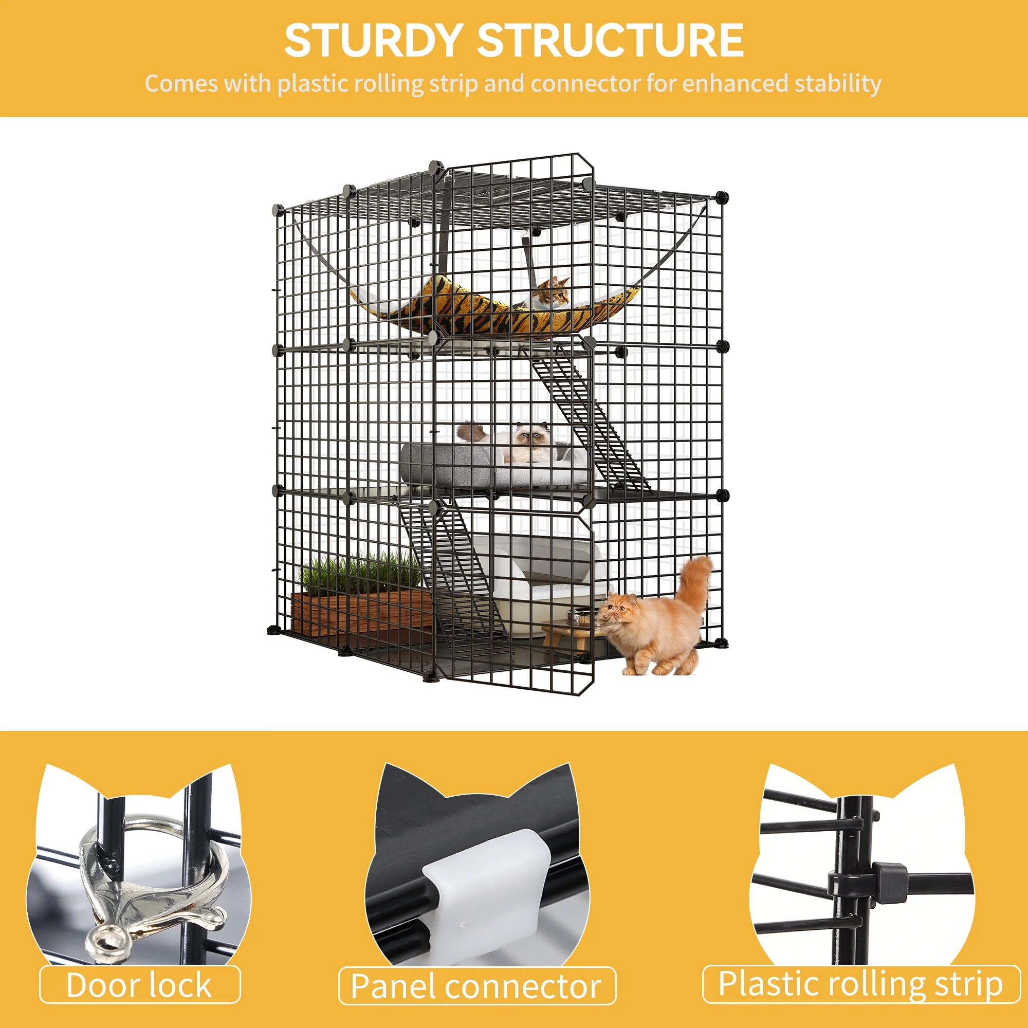 Dextrus 3-Tiers Cat Cage,Cat Enclosures Metal Cat Kennels Pet Crate with Extra Large Hammock for 1-2 Cats - Image 2