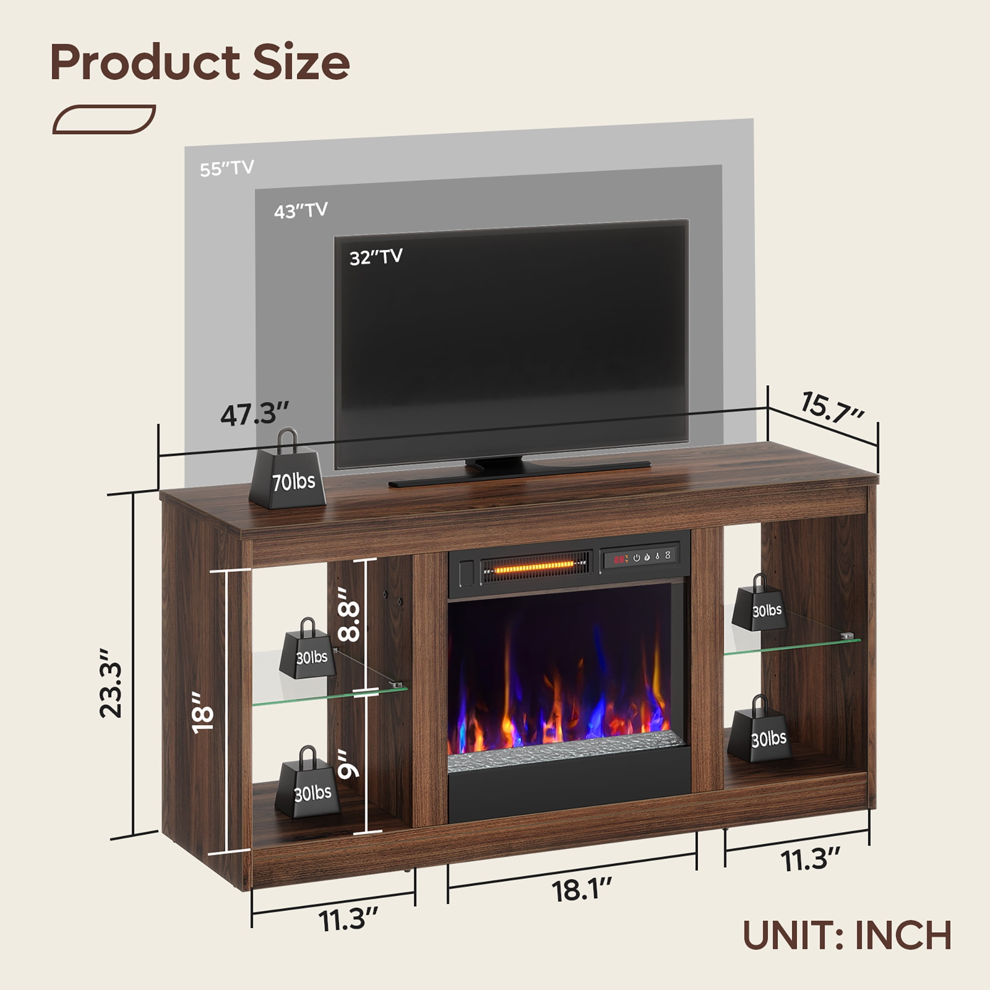 Bestier Modern Electric Fireplace TV Stand for TVs up to 55", with LED and Glass Shelves, Walnut - Image 5