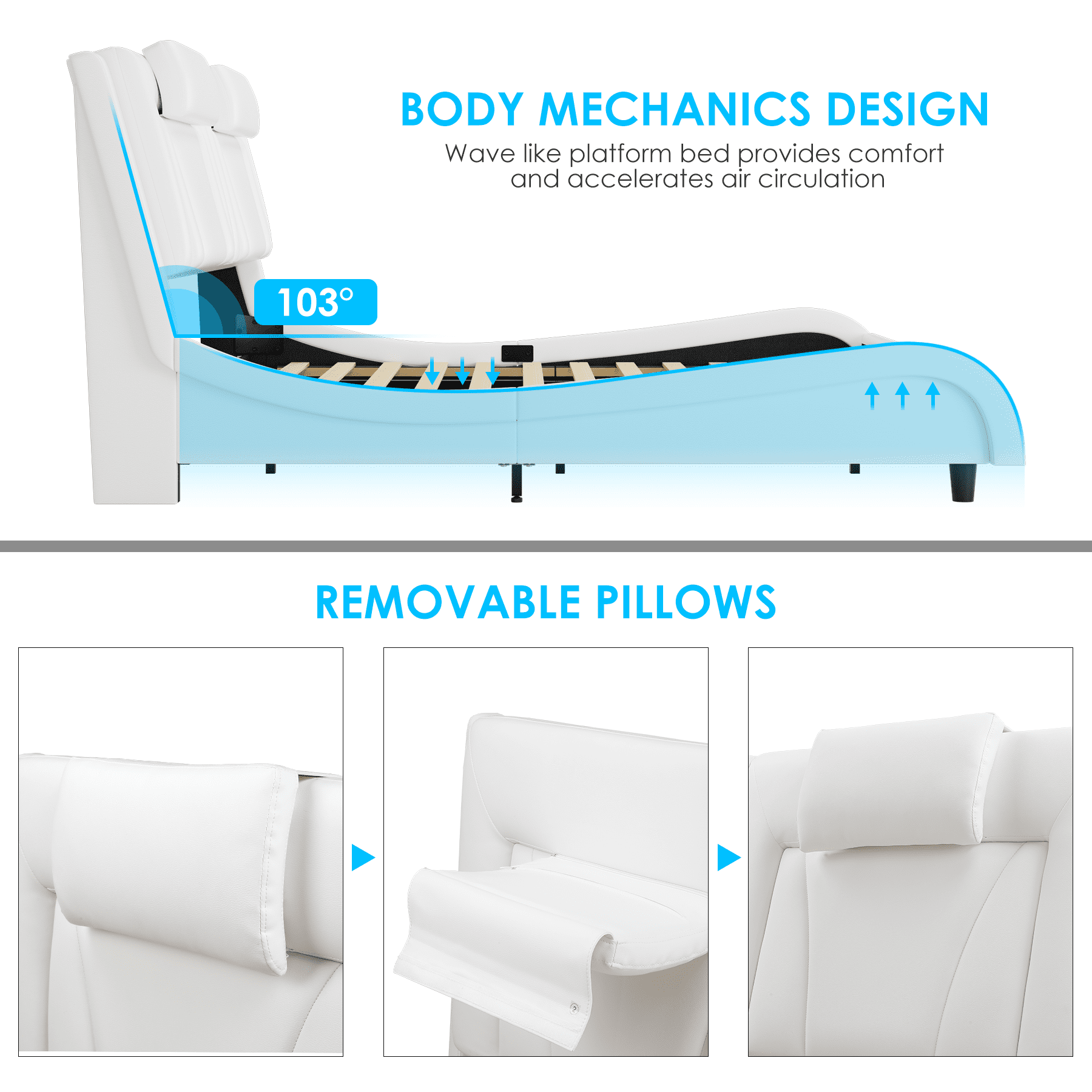 Homfa Queen Bed Frame with Adjustable LED Headboard, PU Leather Curved Upholstered Platform Bed Frame, White - Image 4