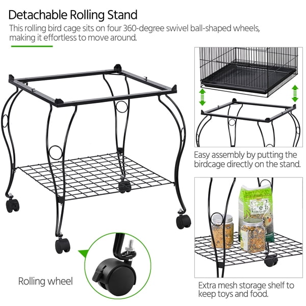 Alden Design Metal Rolling Bird Cage with 2 Feeders and 2 Wooden Perches, Black - Image 4