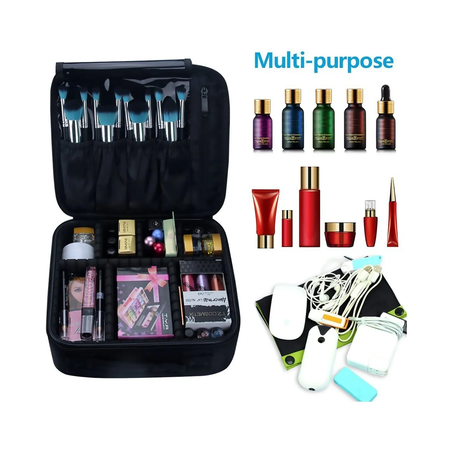 Travel Makeup Train Case Makeup Cosmetic Case Organizer Portable Artist Storage Bag with Adjustable Dividers for Cosmetics Black Makeup Bag - Image 3