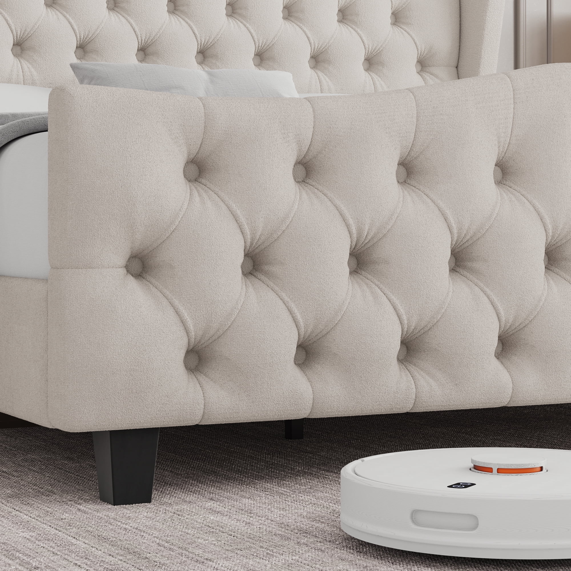 Homfa Queen Size Bed Frame with Tall Tufted Headboard, 54.3” Tall Modern Velvet Upholstered Platform Bed Frame with Deep Button Wingback Headboard, Beige - Image 6