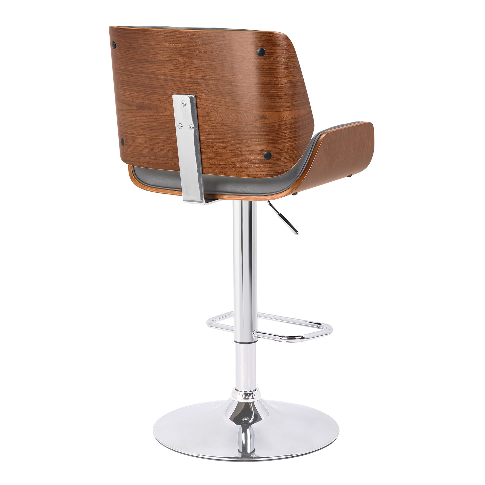 London Gray Faux Leather Adjustable Height Swivel Walnut Wood and Chrome Bar Stool - Image 3