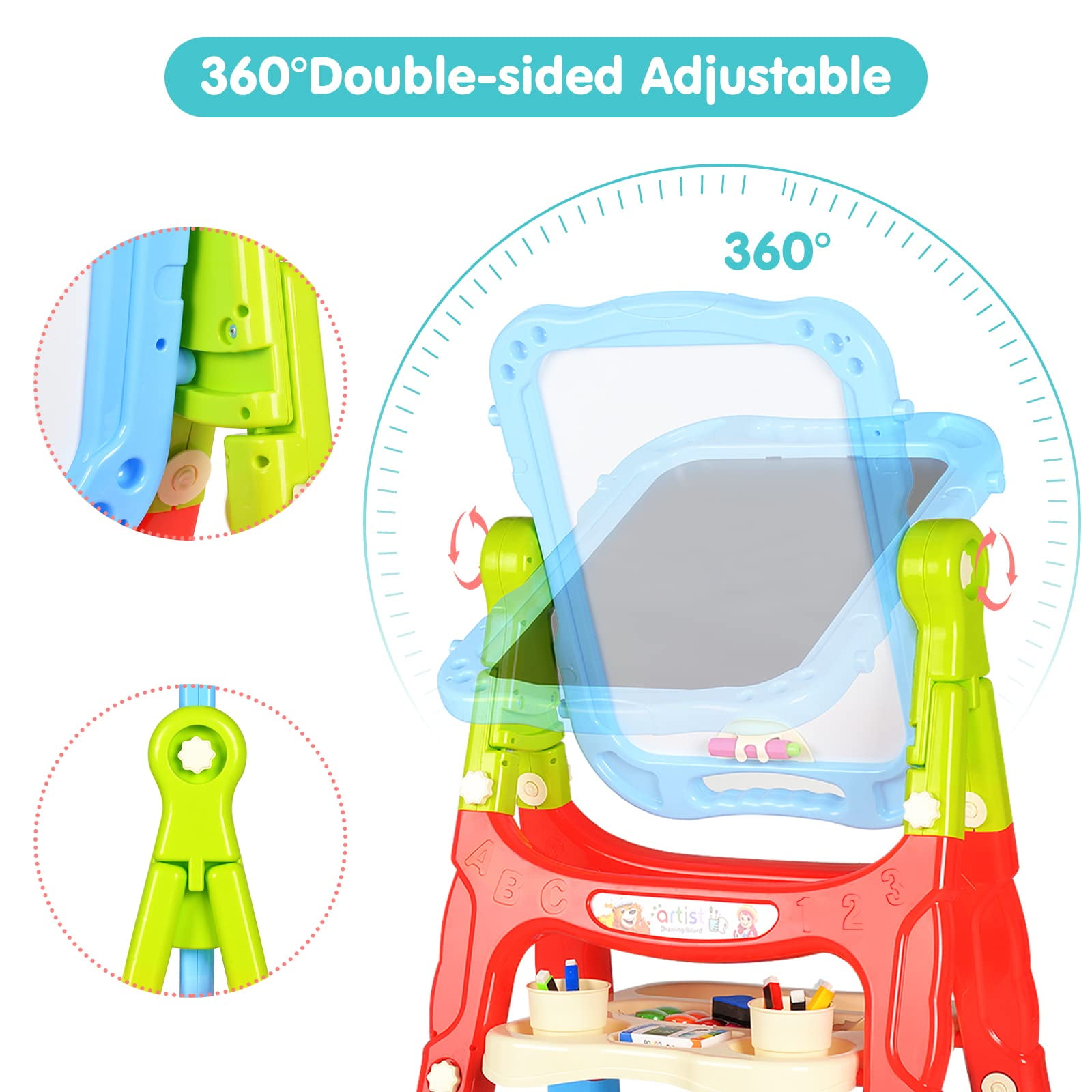 JBee Ctrl Easel for Kids Rotatable Double Sided White Board & Chalk Board Adjustable Standing Kids Art Easel w/ Paint Accessories for Boys Girls Birthday Christmas Gifts for Kids 3-6 Blue - Image 5