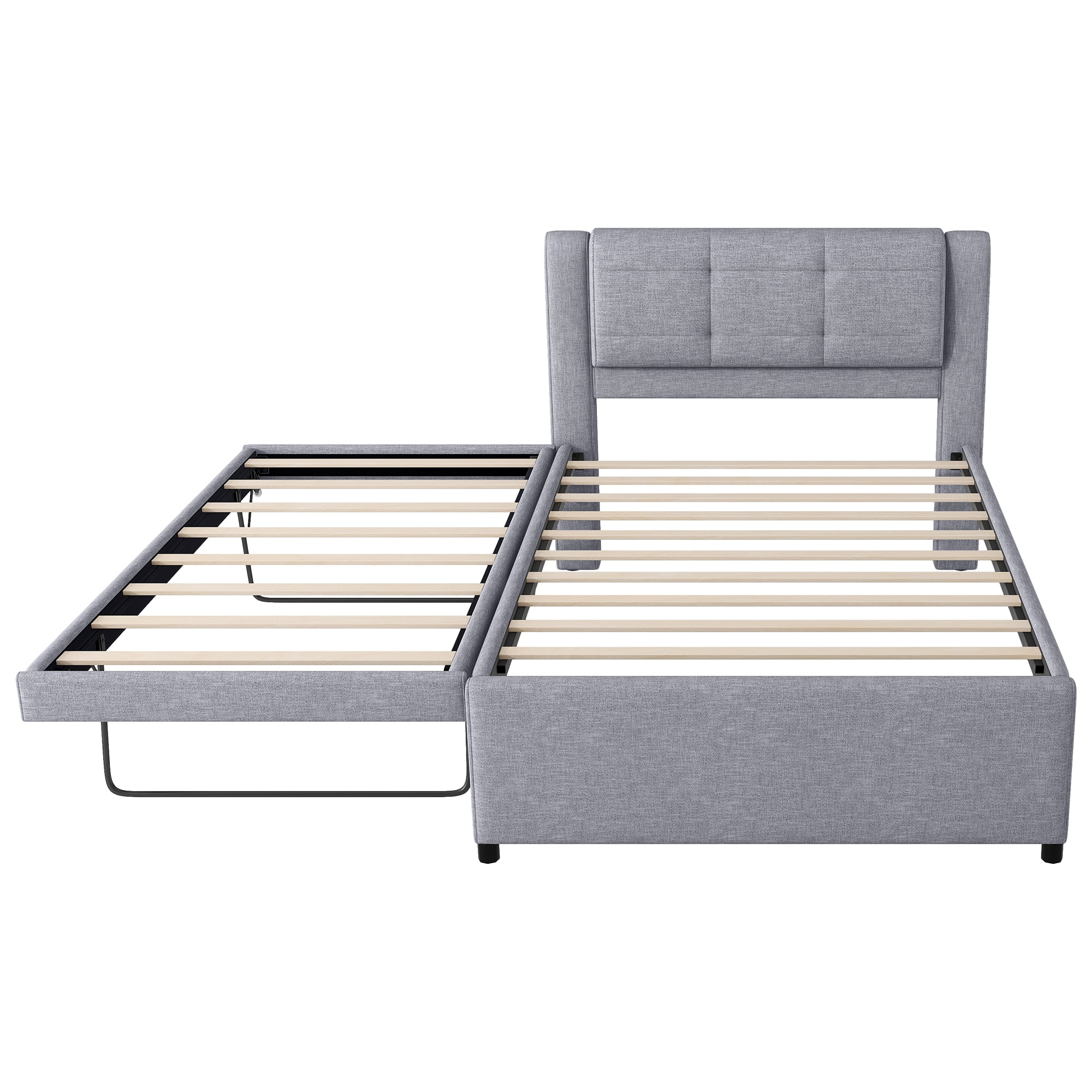 Euroco Upholstered Full Platform Bed with Pop-up Twin Trundle for Bedroom, 2 Beds in One, Gray - Image 8