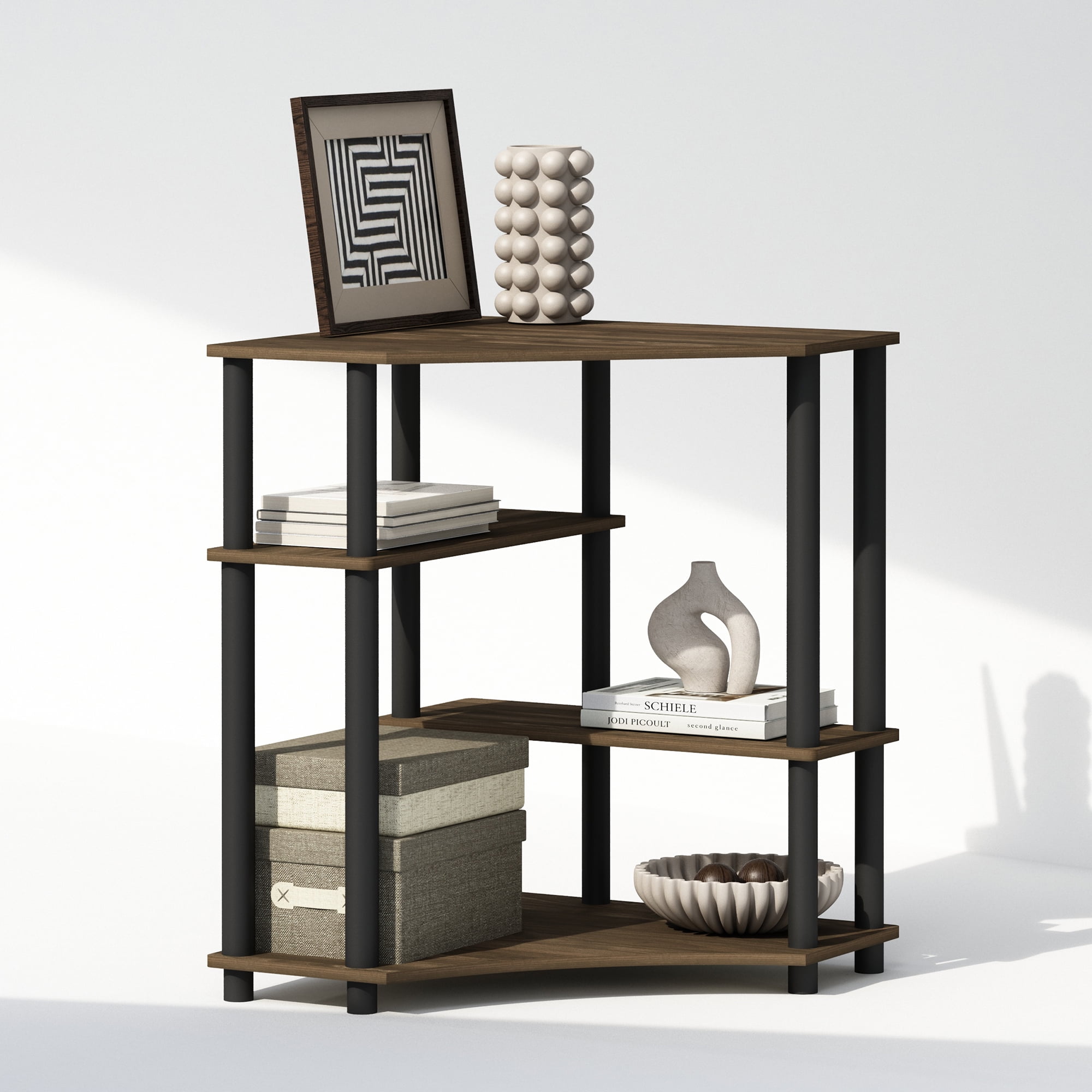 Furinno Turn-N-Tube Multipurpose Corner Shelf, Display Rack, Bookshelf, Columbia Walnut/Black - Image 3