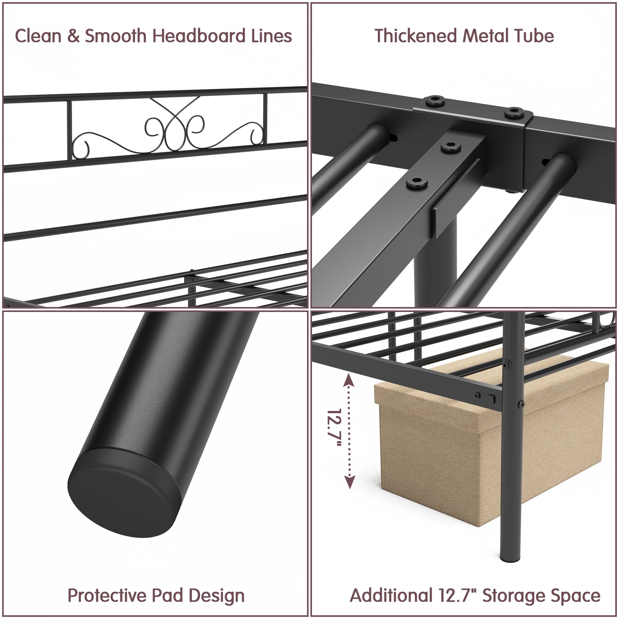 Yoneston Queen Canopy Platform Bed with Vintage Line Pattern Headboard & Footboard, Sturdy Metal Bed Frame for Apartment Hotel House, Black - Image 2