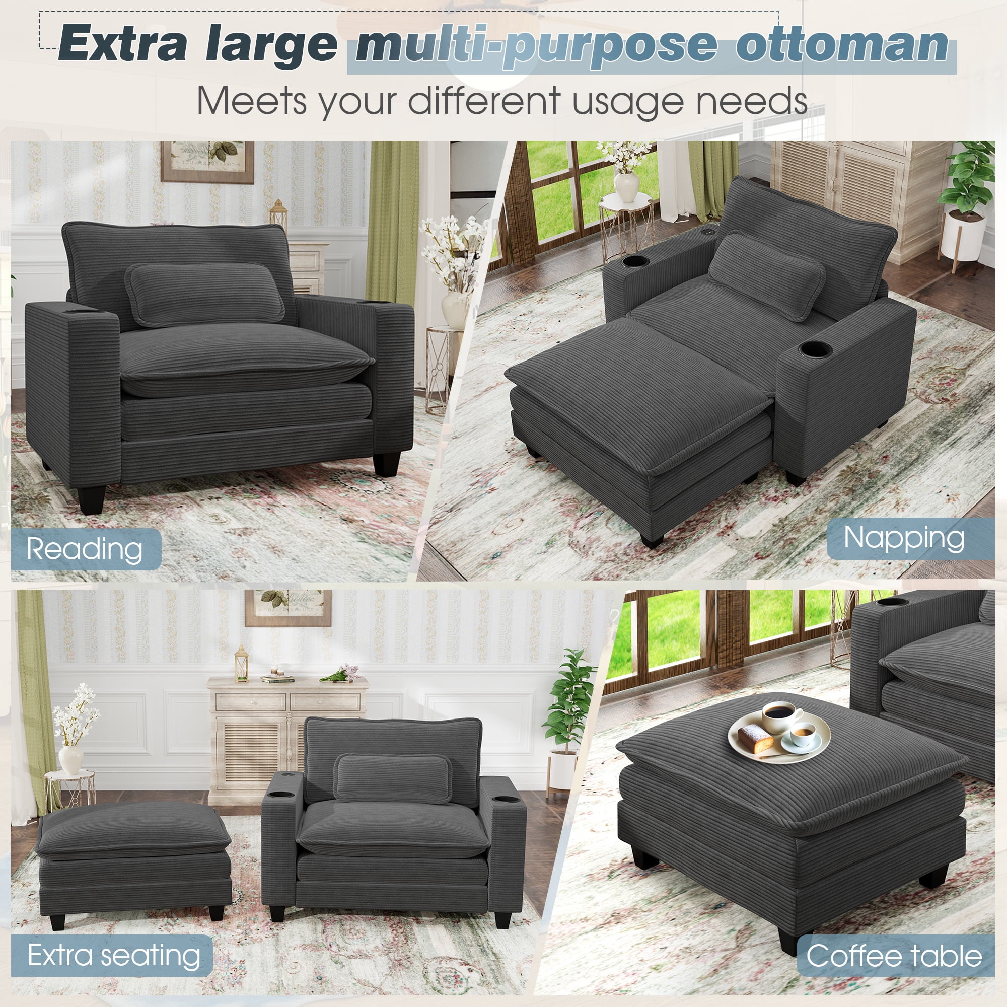 Lunale Oversized Lounge Chair & Ottoman Set - 45.5" Cloud Corduroy Accent Armchair with USB/Cup Holder for Modern Living/Bedroom, Dark Gray - Image 3