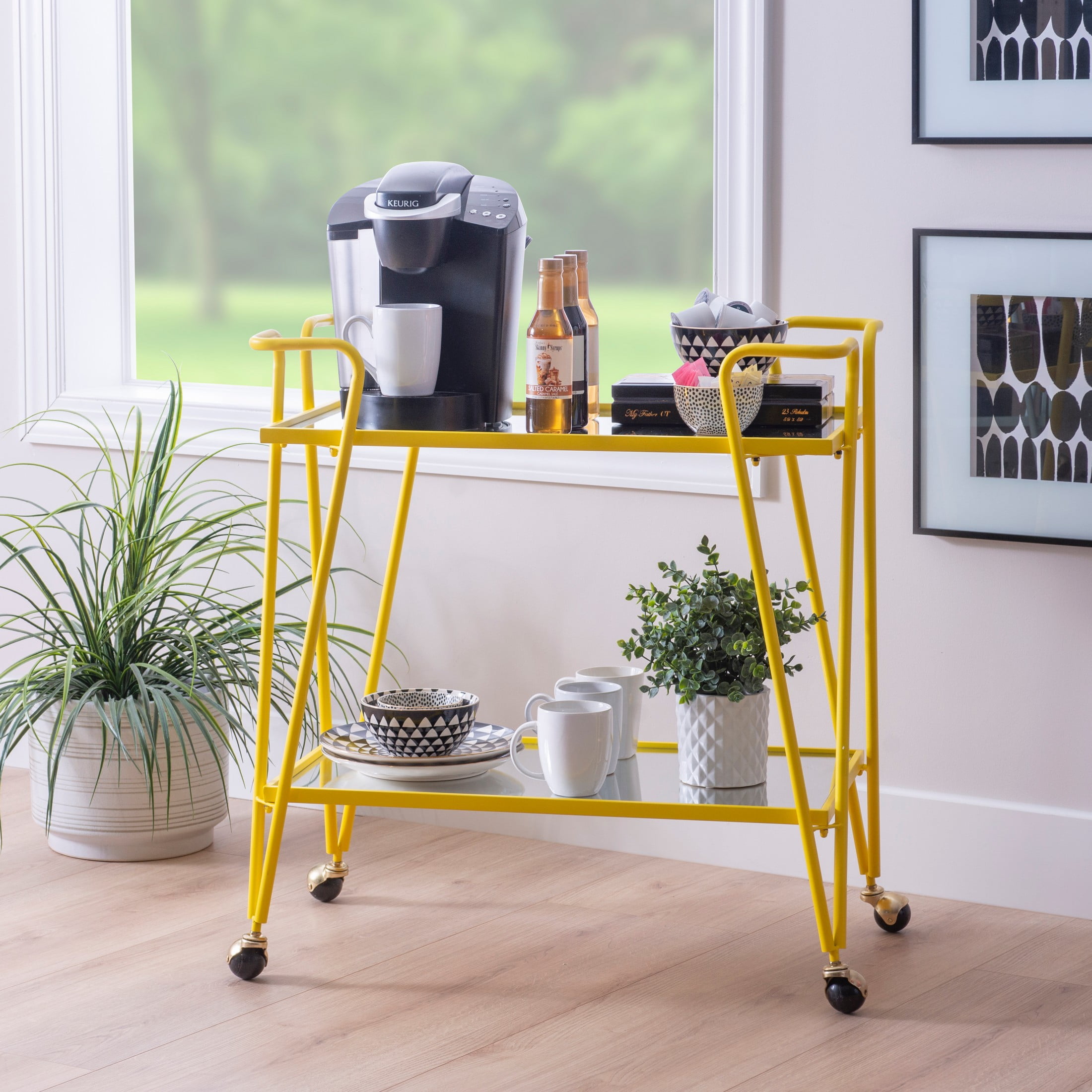 Linon Lawsonia 2-Tier Mid-Century Mobile Bar Cart with Mirrored Top, 32.5" Tall, 27 lb, Yellow - Image 10