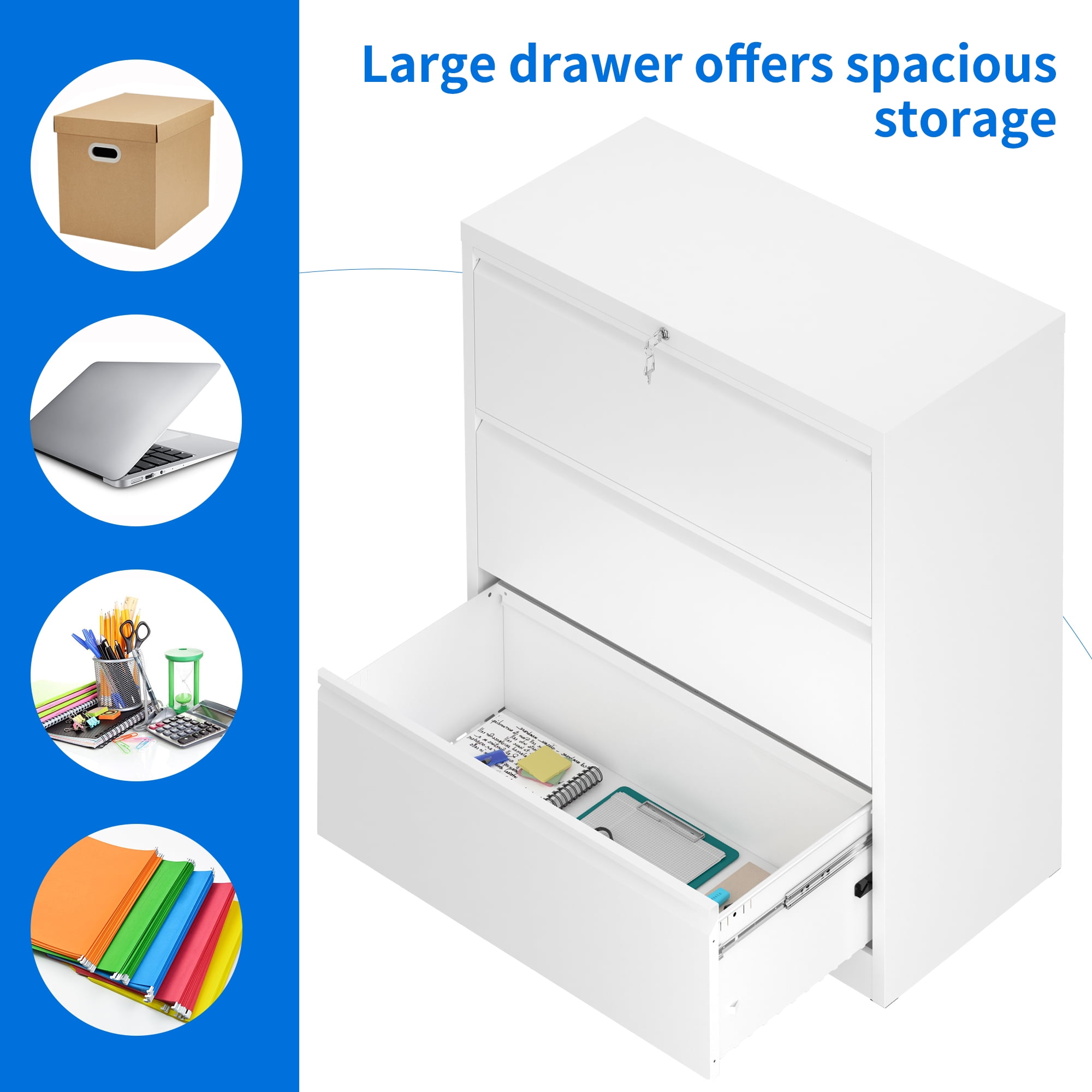 Dextrus 3-Drawer Lateral File Cabinet with Lock, White, 1 Pack - Image 2