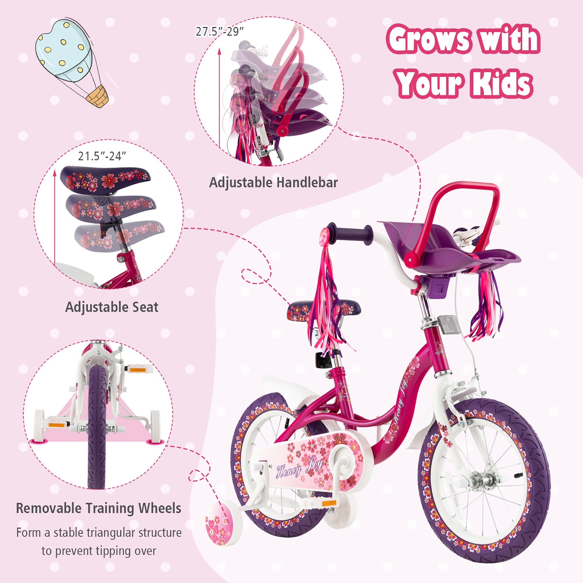 Costway 16'' Kids Bike with Doll Seat Girls Bicycle with Training Wheels for 4-7 Years Old Girl - Image 2
