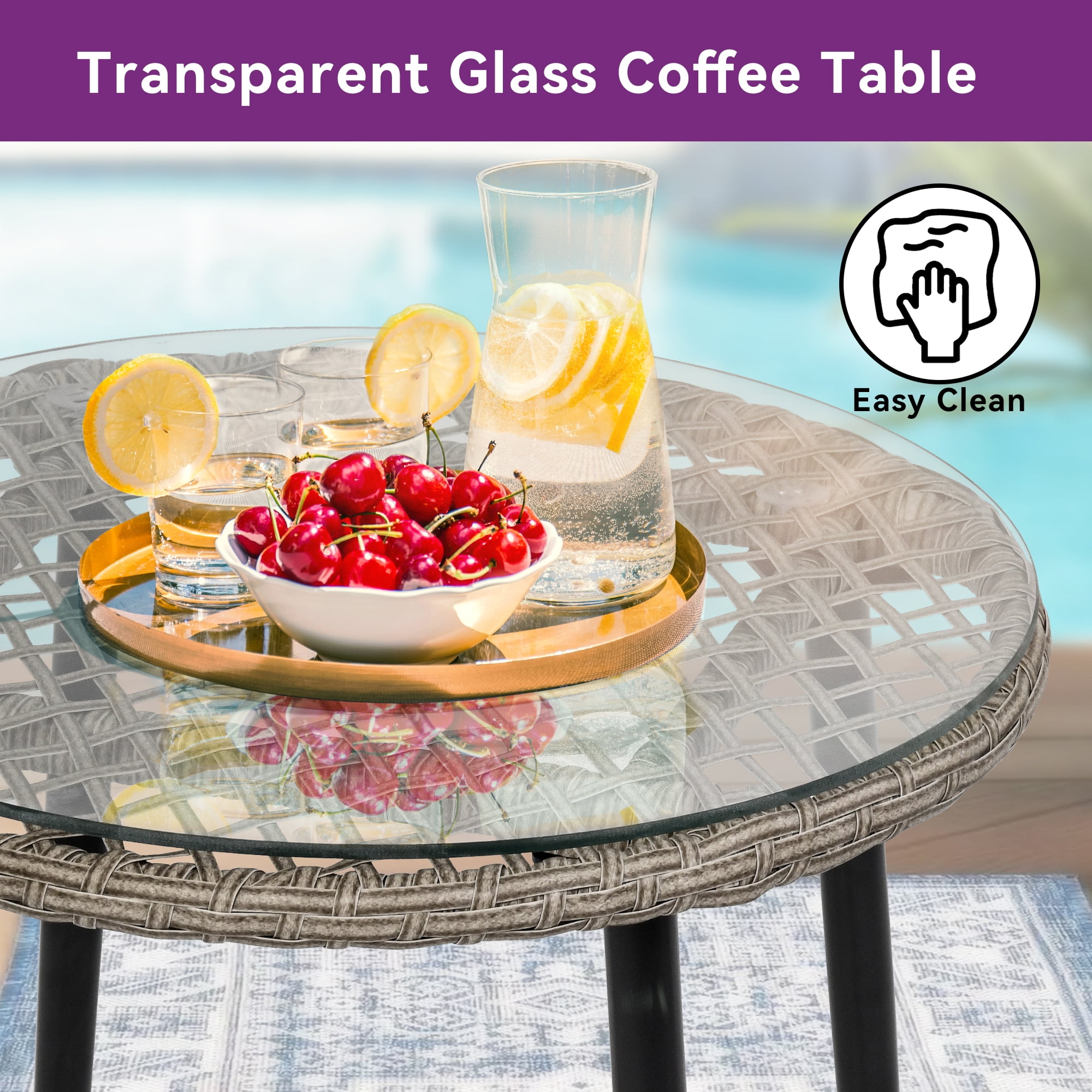 Dextrus 3-Piece Compact Rattan Wicker Outdoor Patio Set with Cushions and Glass Side Table, Gray - Image 4