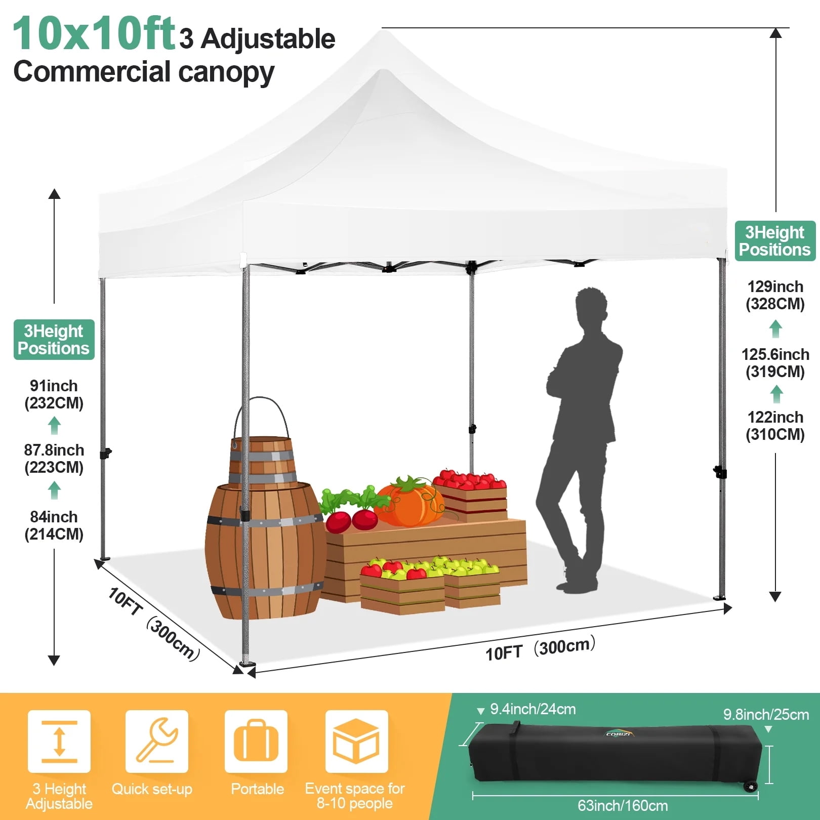 COBIZI 10x10 Pop up Canopy Commercial Heavy Duty Canopy Tent with 4 sidewalls Easy Up Outdoor Party Tent Instant Canopy All Season Windproof & Waterproof Canopy with Roller Bag,White(Frame Thickened) - Image 8