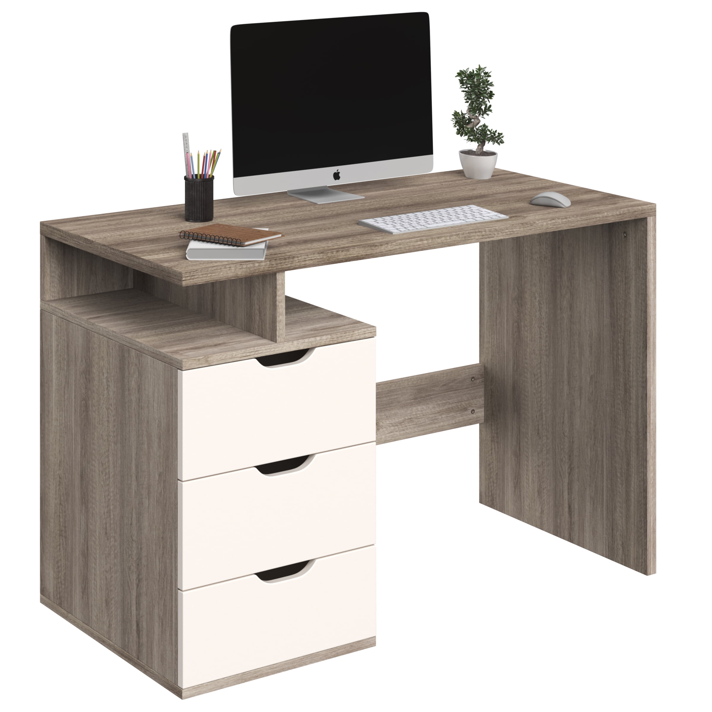 Lavish Home Computer Desk with Attached 3-Drawer File Cabinet (White) - Image 2