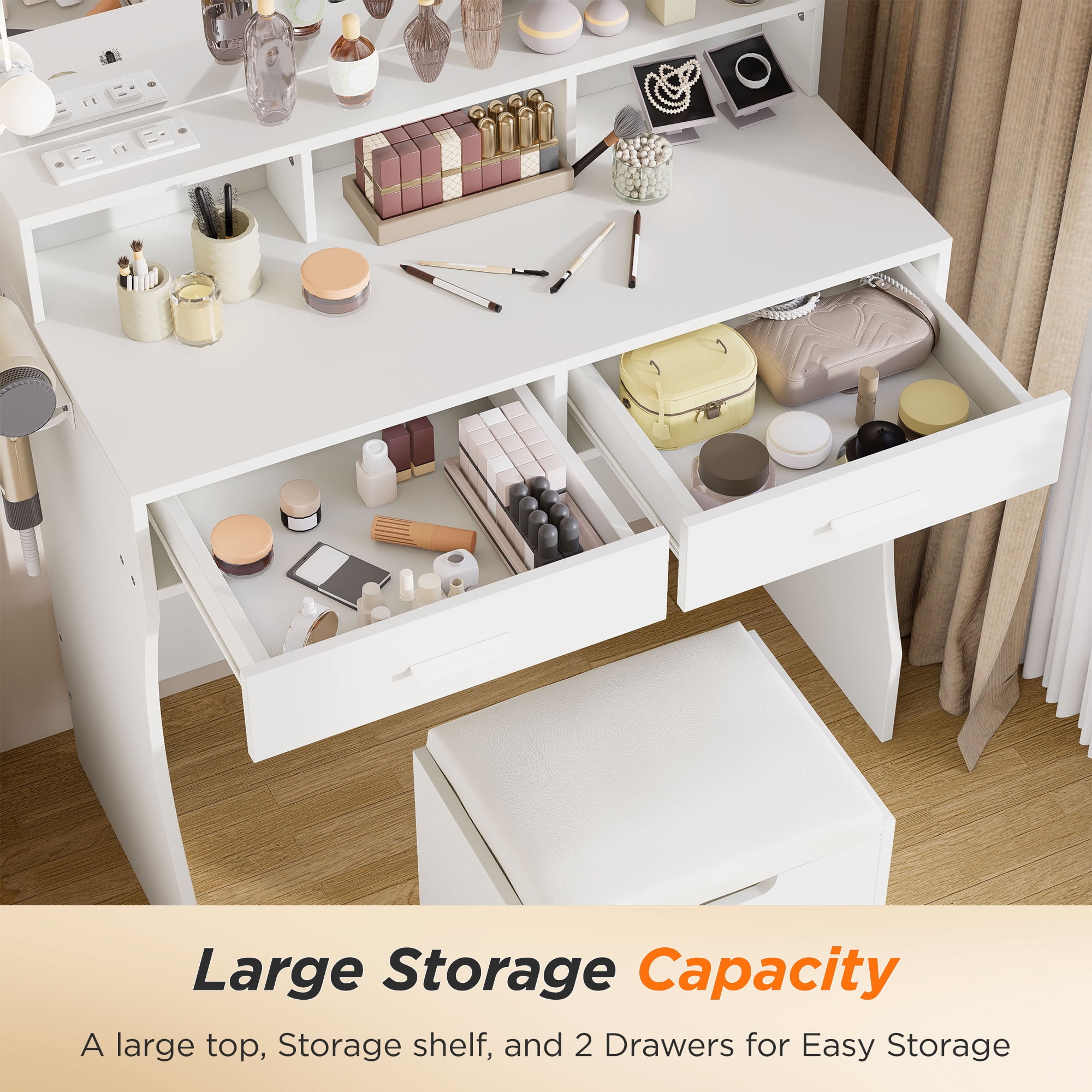 Modern Vanity Table Set with Lighted Mirror,Makeup Table with 2 Drawers & Power Strip,Dresser Desk for Girls, Women, White - Image 9