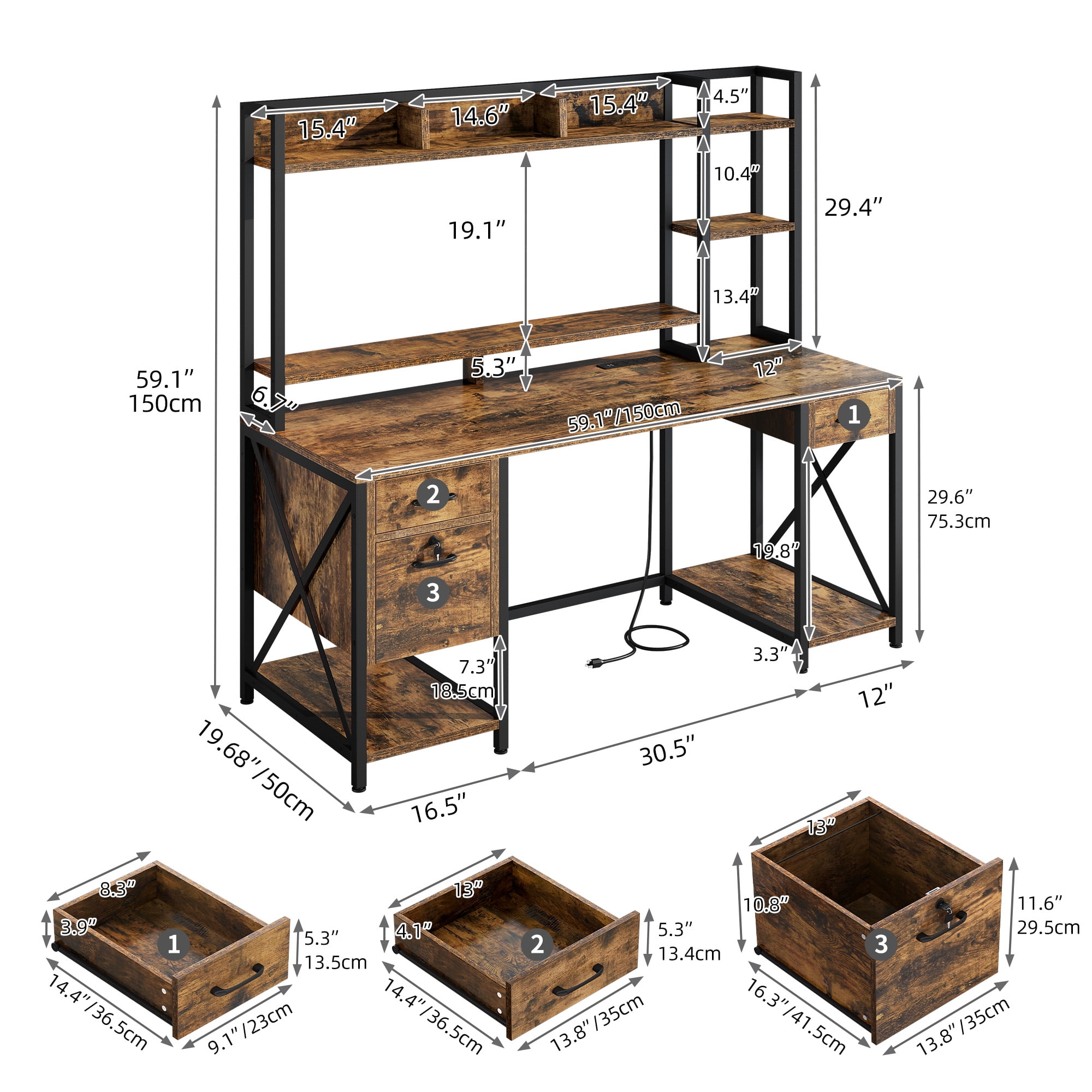 Uforic 59 "Computer Desk with Power Outlets & LED Light, Office Desks with Hutch & Monitor Stand, Gaming Desk Executive Desk with Storage Shelves for Home Office , Brown - Image 14
