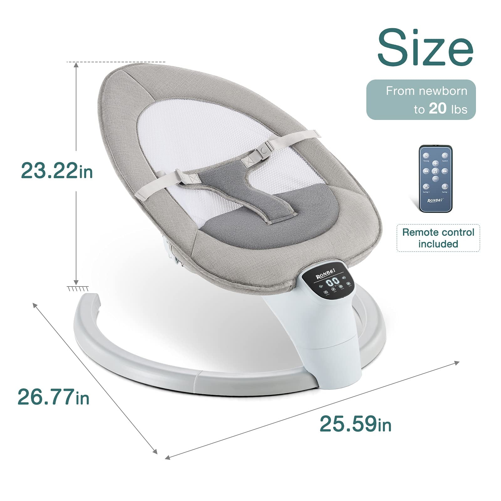 RONBEI 3 IN 1 Baby Swing for Infants Soothe Portable Newborn Swing with Music Remote Control Timing Function Mosquito Net Gray - Image 2