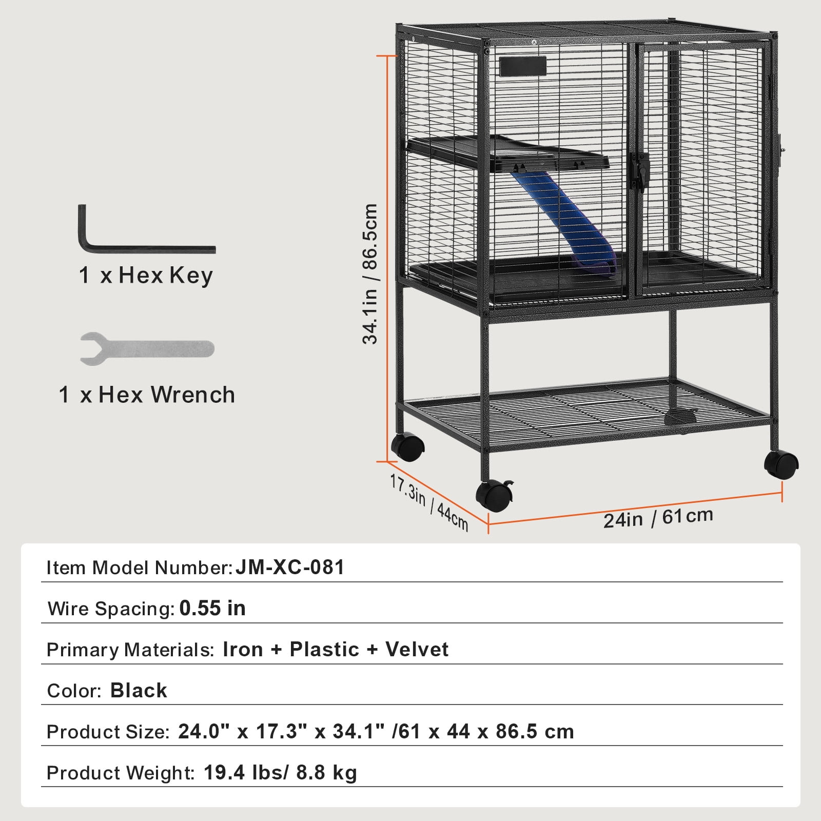 KFFKFF 64.6" Metal Cage on Wheels, Spacious 4-Level Habitat for Small Pets, Includes Ramps & Tray, Simple Assembly, Ideal for Ferrets, Rats, Guinea Pigs, Chinchillas, Squirrels, Hedgehogs, Bunnies - Image 4