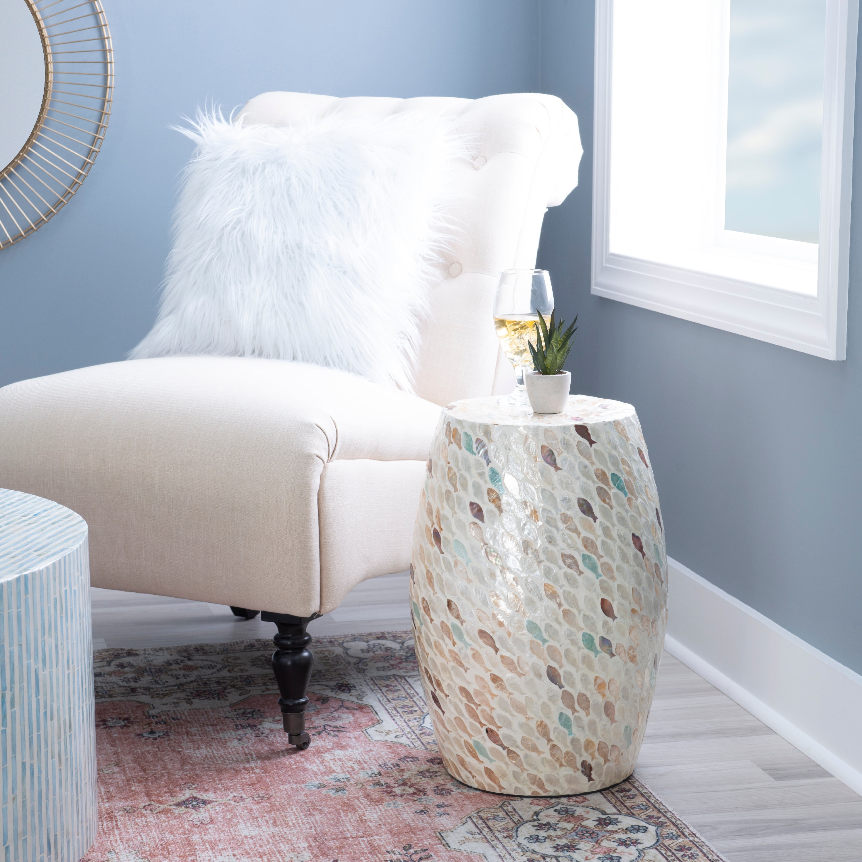 Linon Prescott Indoor Drum Accent Table, 19.75" Tall, Multicolor Fish Mosaic on Ivory - Image 15