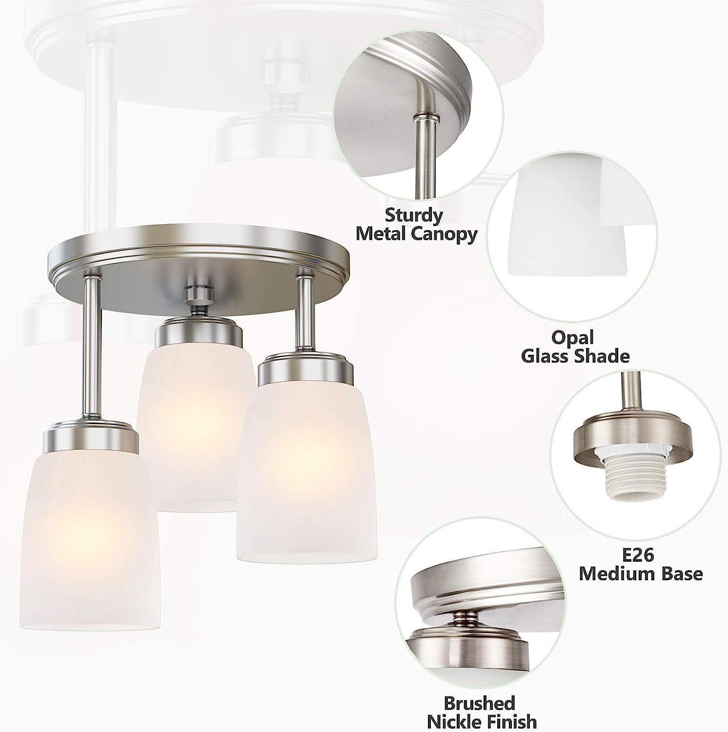 GZBtech 3-Lights Semi Flush Mount Ceiling Light, Modern Brushed Nickel Ceiling Hallway Light Fixtures for Entrance Closet Kitchen Laundry Room Bedroom - Image 3