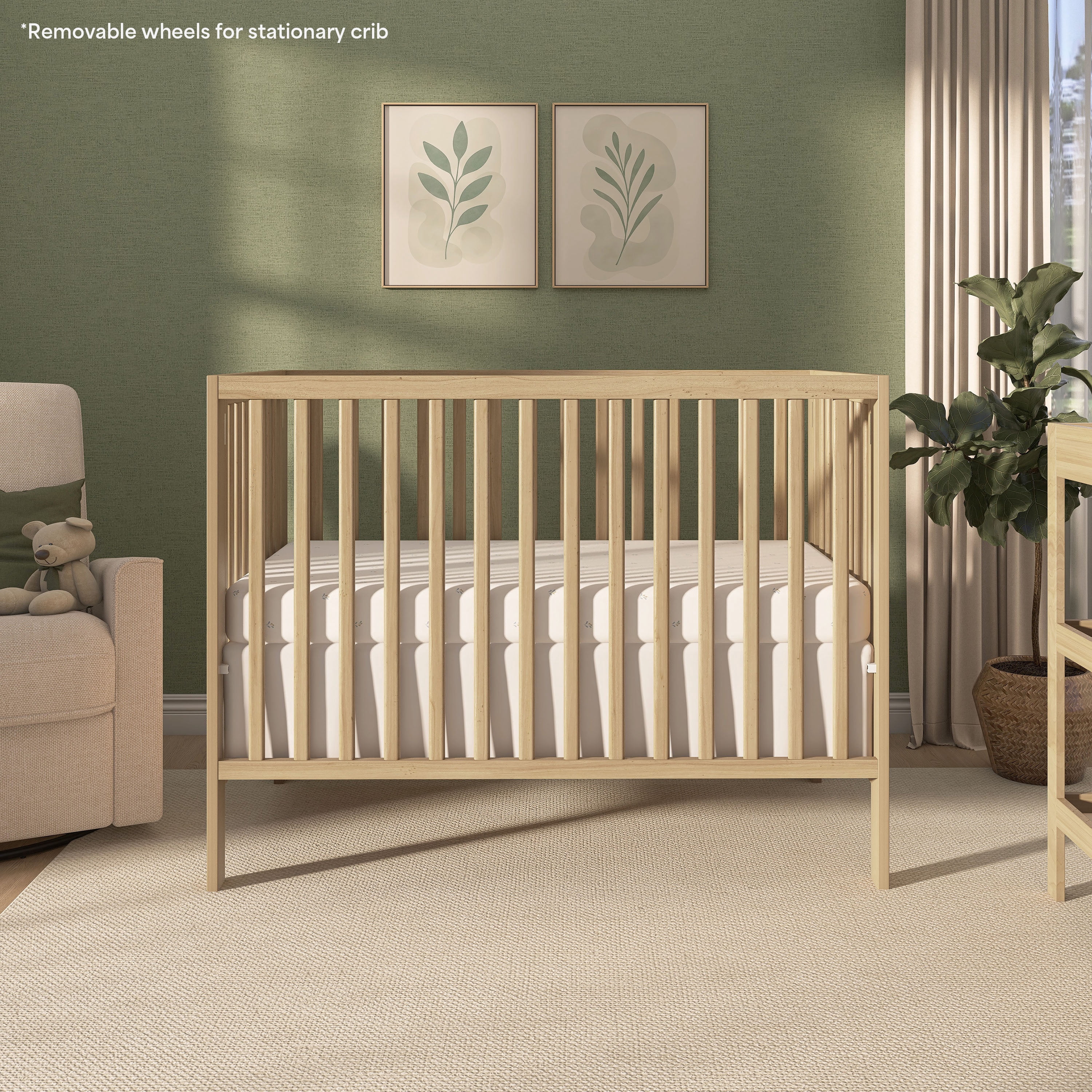 Dream On Me Quinn Full-Size Folding Crib, Removable Wheels, Modern Nursey, Adjustable Mattress Support, Patent Folding System in Natural - Image 5