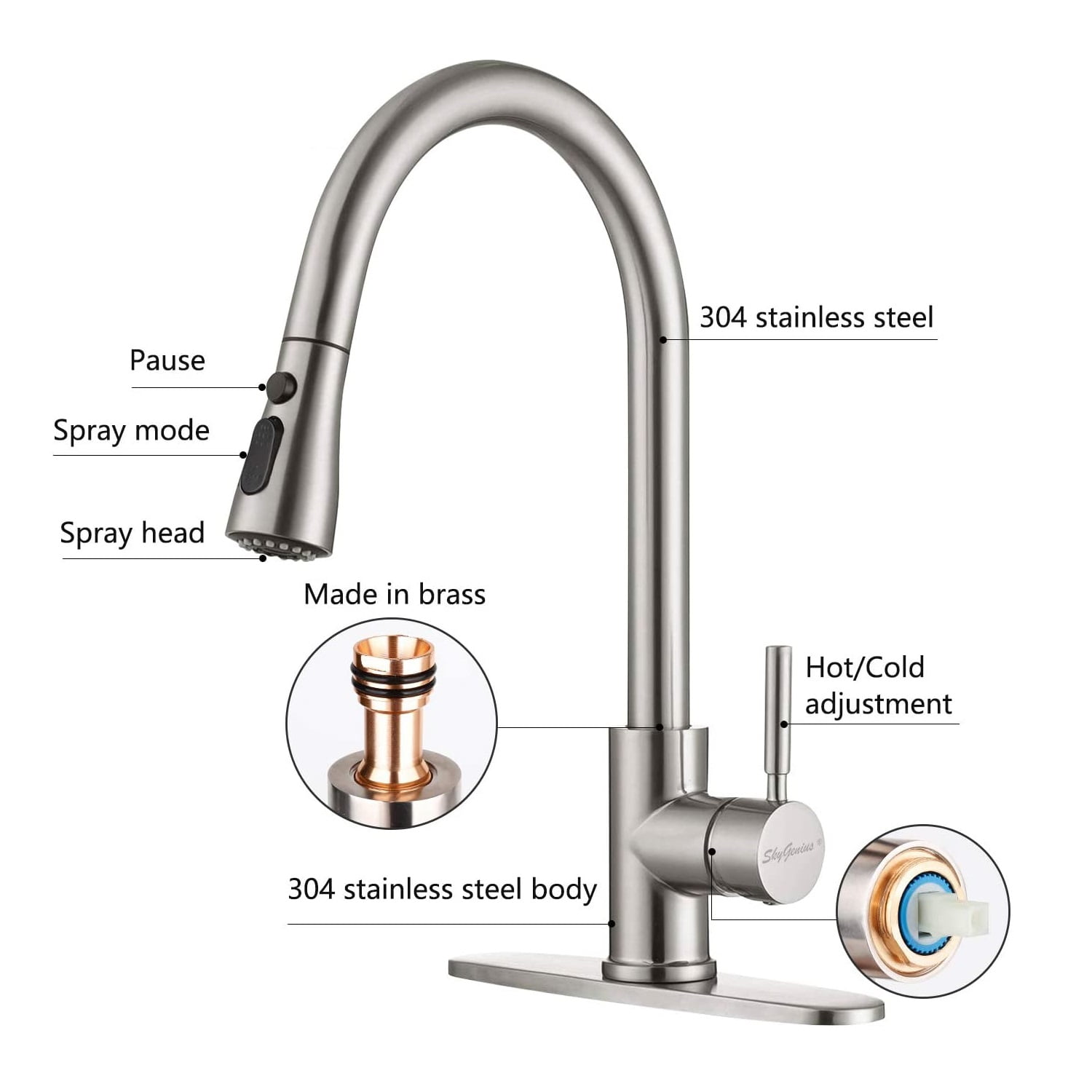 SkyGenius Pull Down Kitchen Faucet with Sprayer Single Handle Sink Faucet Brushed Nickel for Kitchen - Image 7