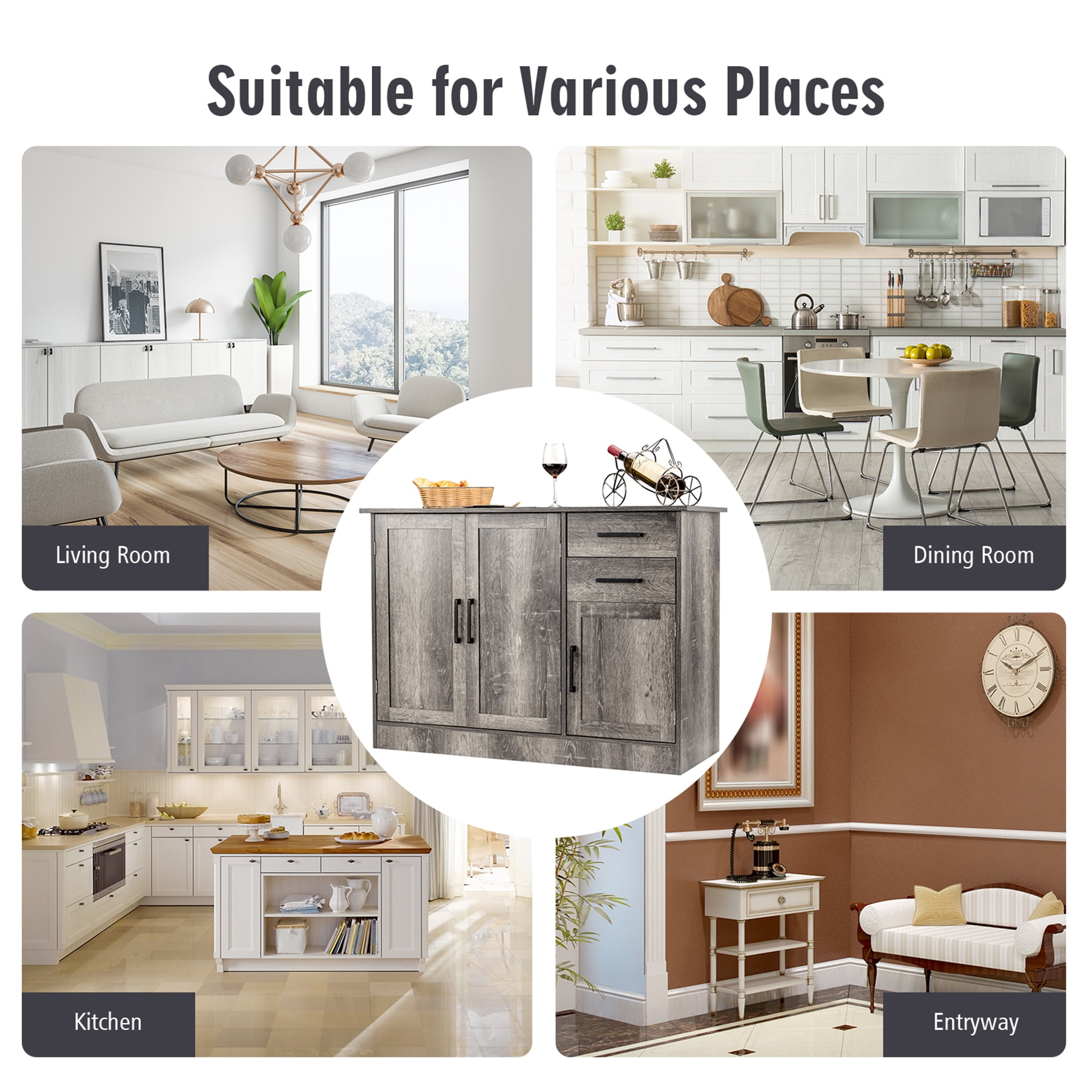 Gymax Buffet Storage Cabinet Console Table Kitchen Sideboard Drawer Grey - Image 4