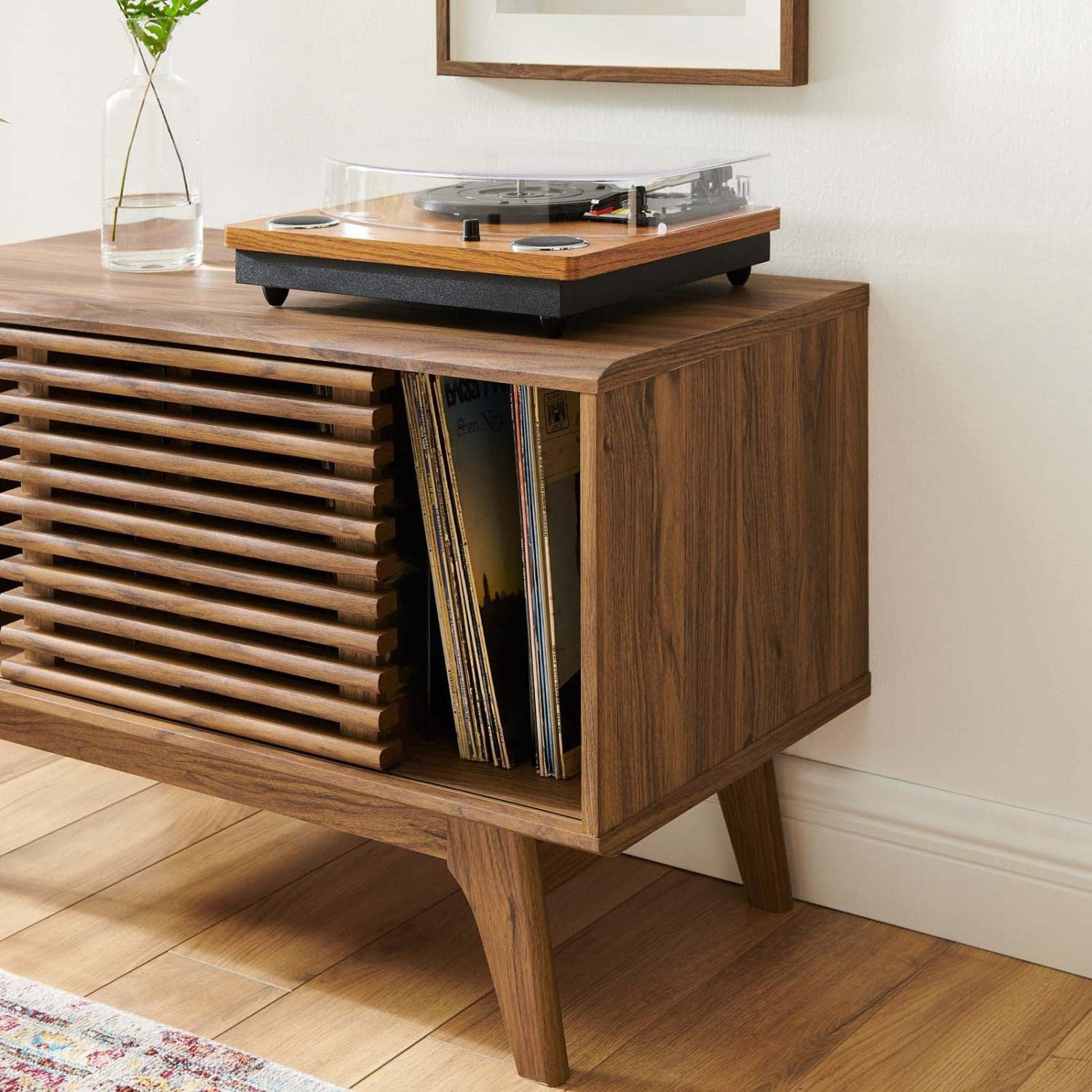 Modway Render Wood & Vinyl Record Display Stand with Sliding Door in Walnut - Image 5