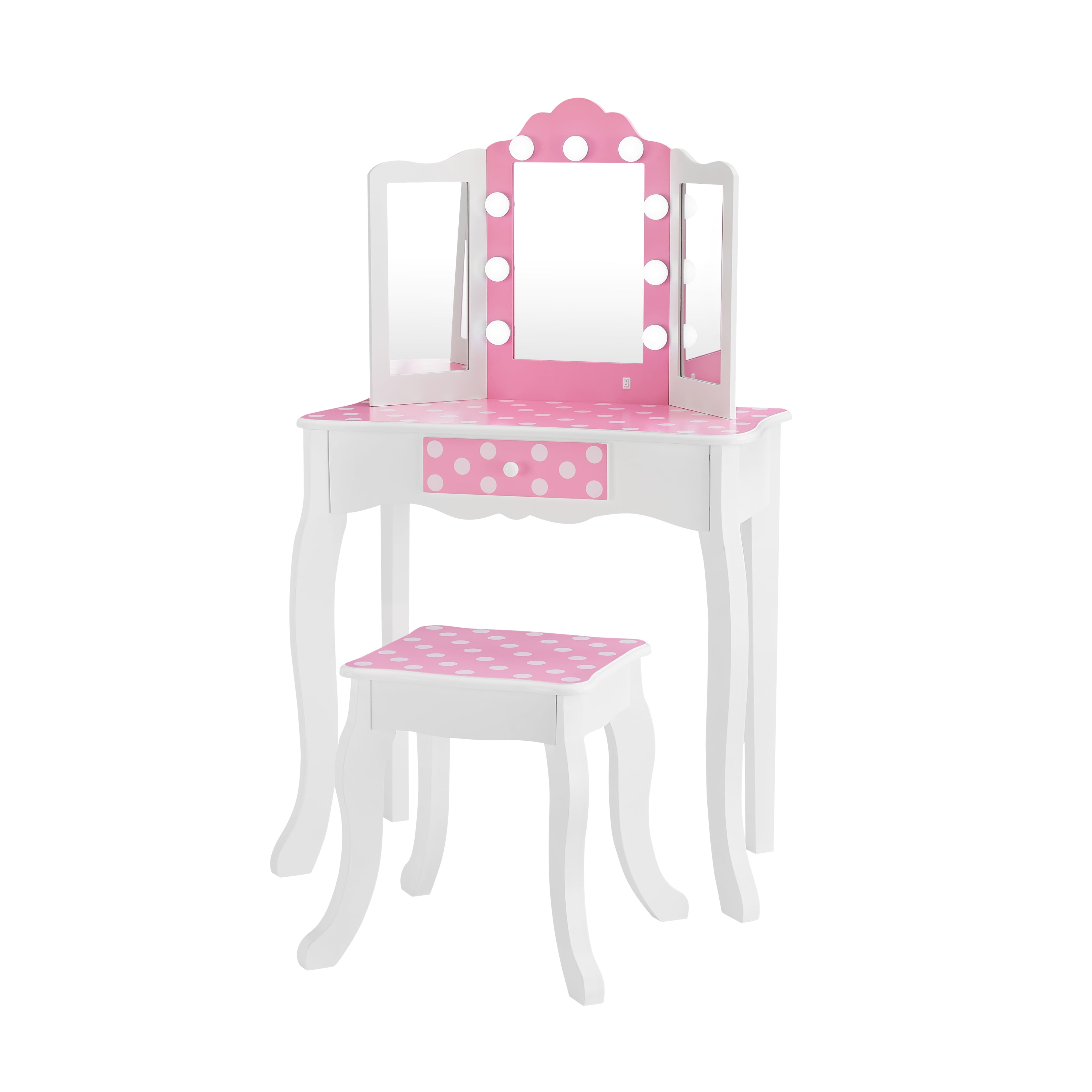 Fantasy Fields Gisele Polka Dot Kids Vanity Table & Stool with LED, White & Pink - Image 2