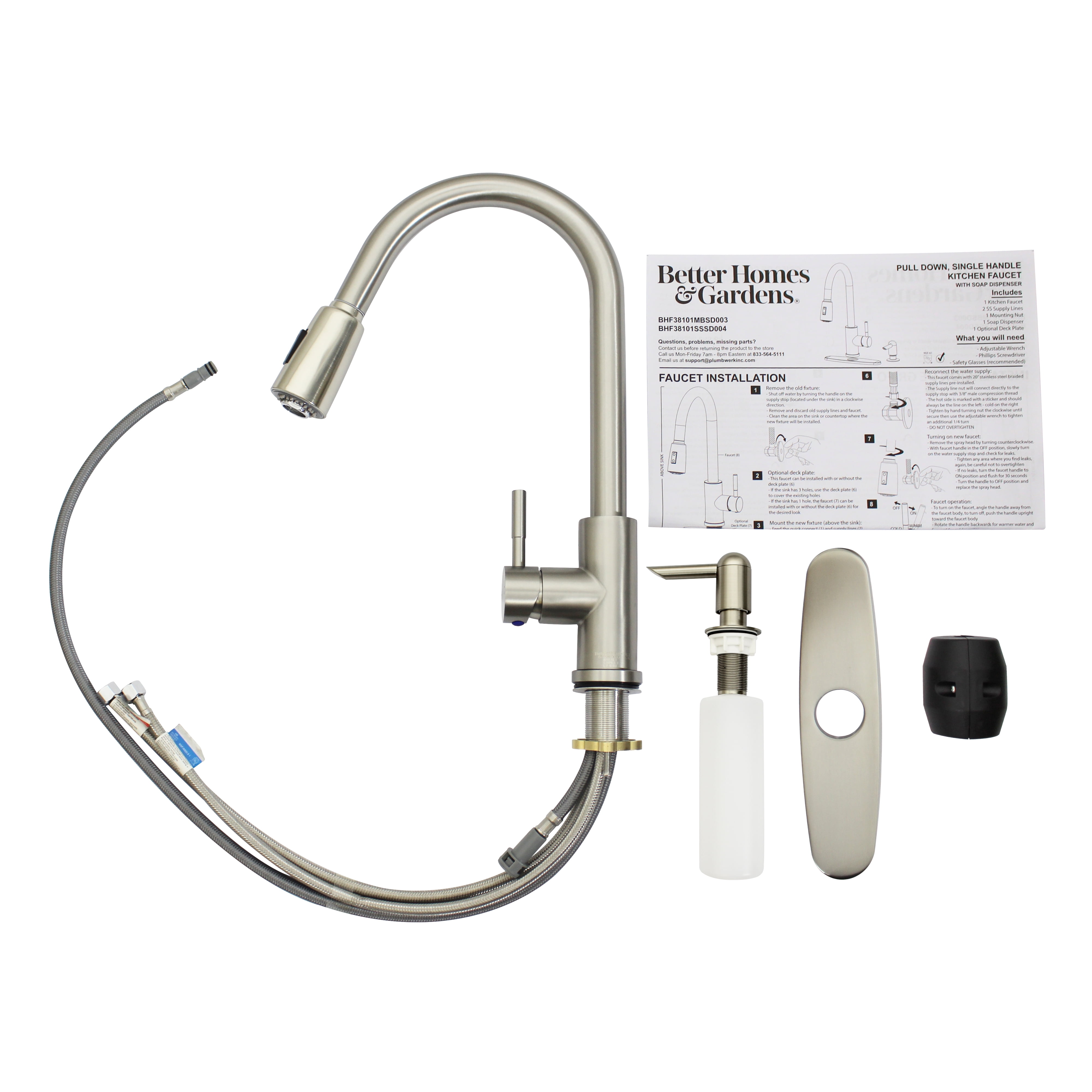 Better Homes & Gardens Elmont High Spout Single Handle Pull Down Kitchen Faucet with Soap Dispenser, Satin Nickel - Image 8