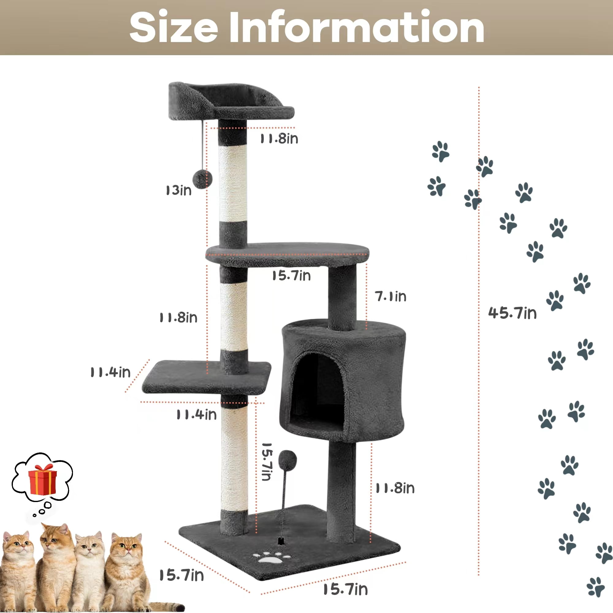 Cat Tree Airnesolly 45 4-Tier Cat Tower Condo for Indoor Kittens with Scratching Posts Perches Gray - Image 2