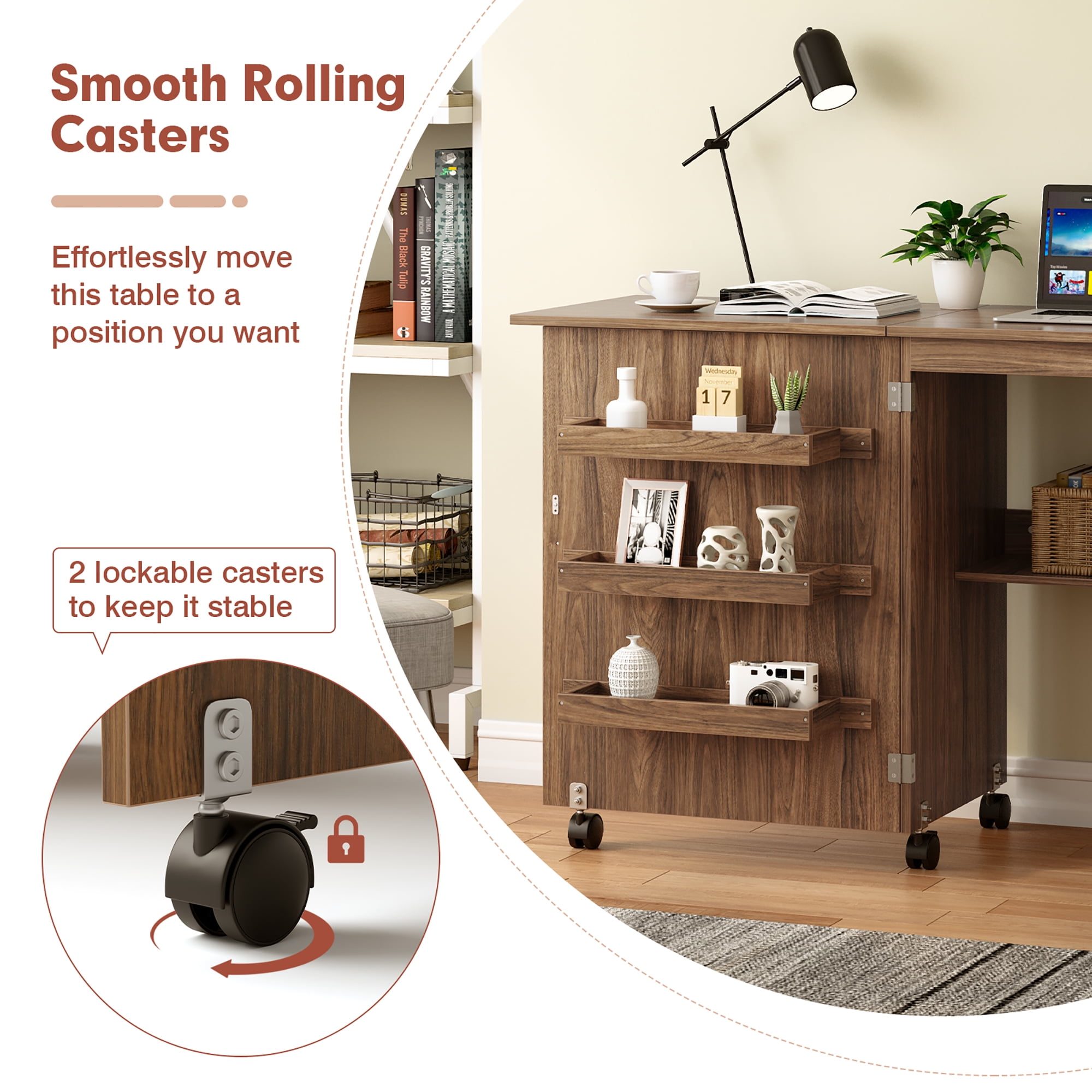 Gymax Folding Sewing Craft Table Shelf Storage Cabinet Home Furniture W/Wheels Brown - Image 3