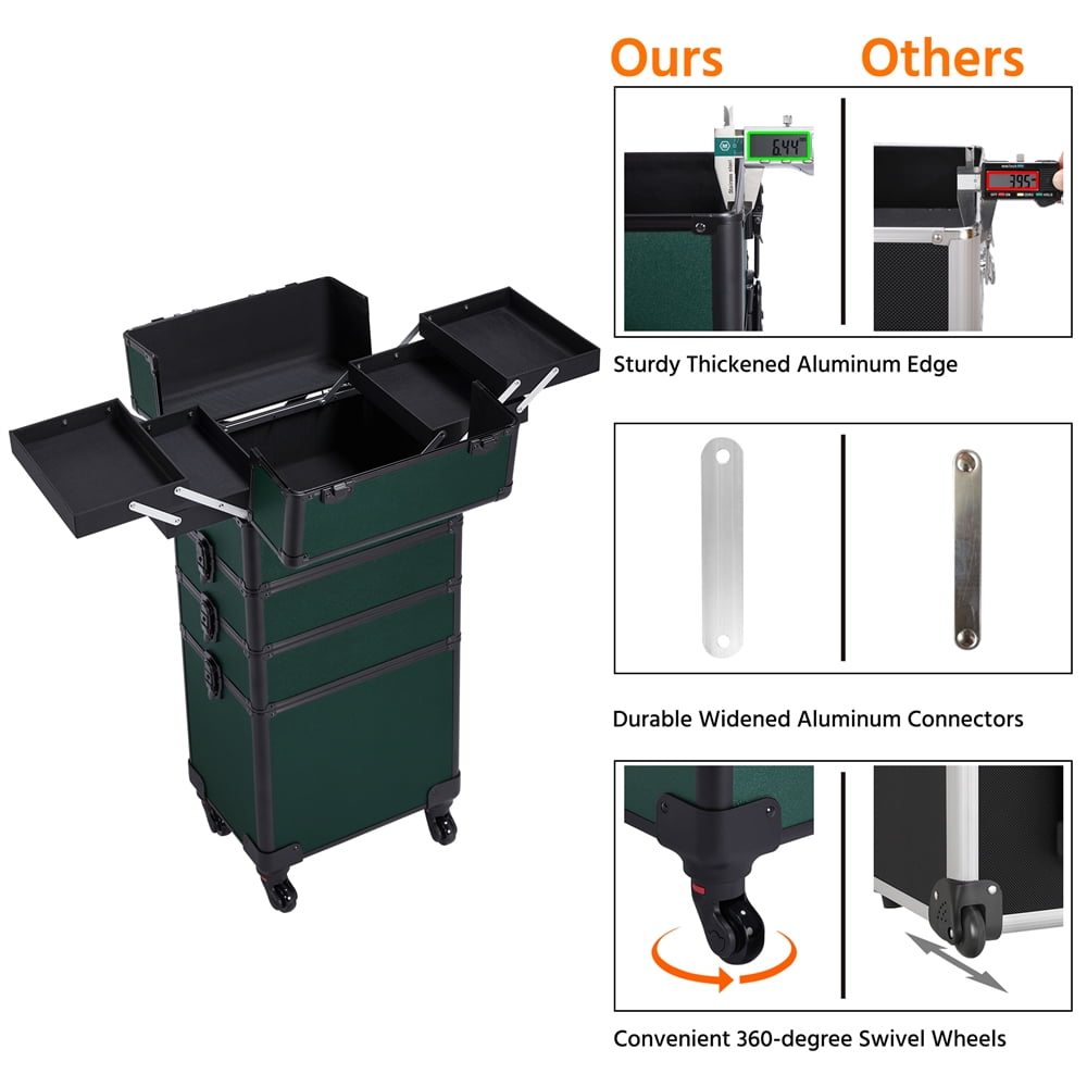 Alden Design Professional 4-in-1 Aluminum Travel Cosmetic Makeup Case, Dark Green - Image 5