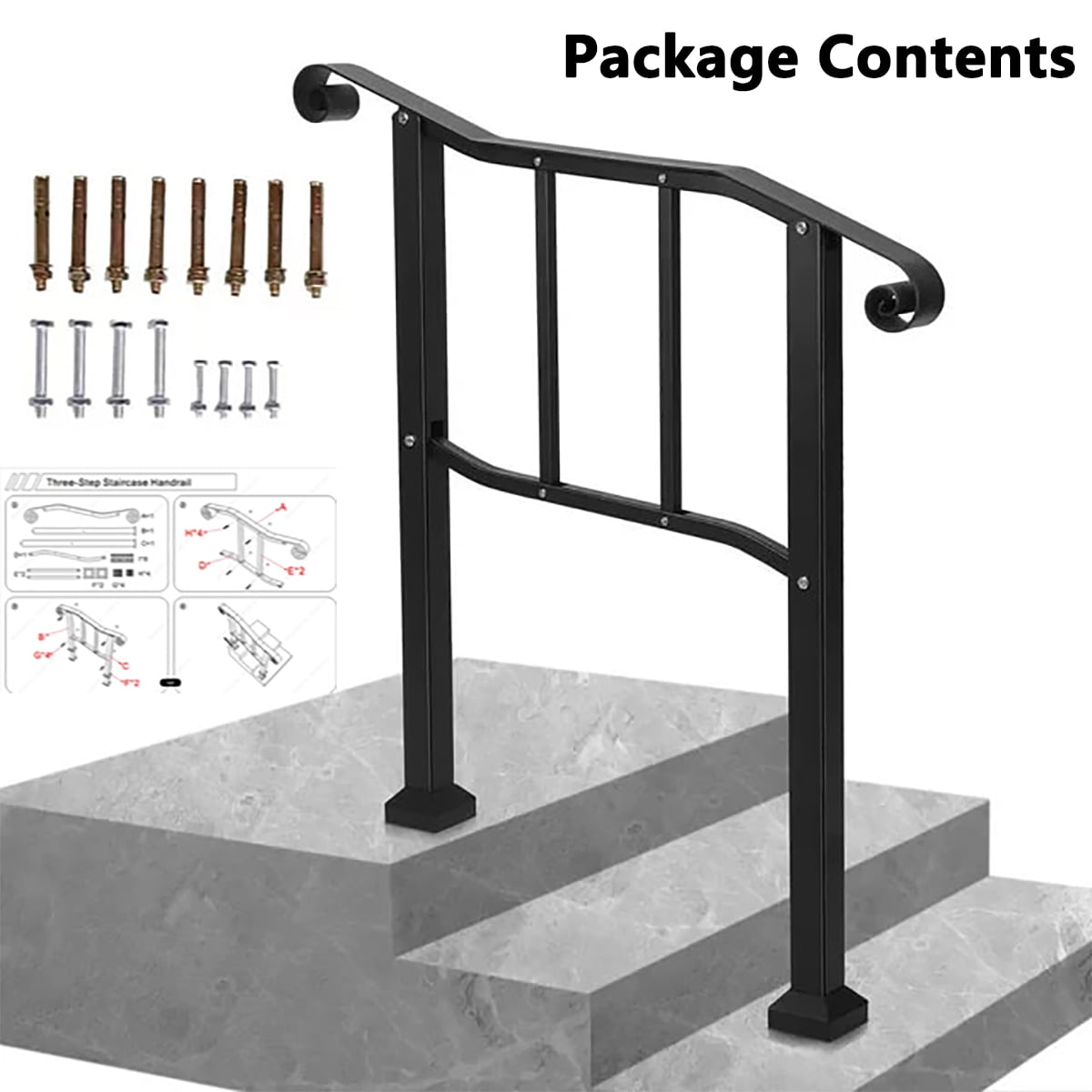 tonchean Iron Handrail for Stairs Fits 2 or 3 Steps, 39"L x 40"H Outdoor Stair Railing, Black - Image 3
