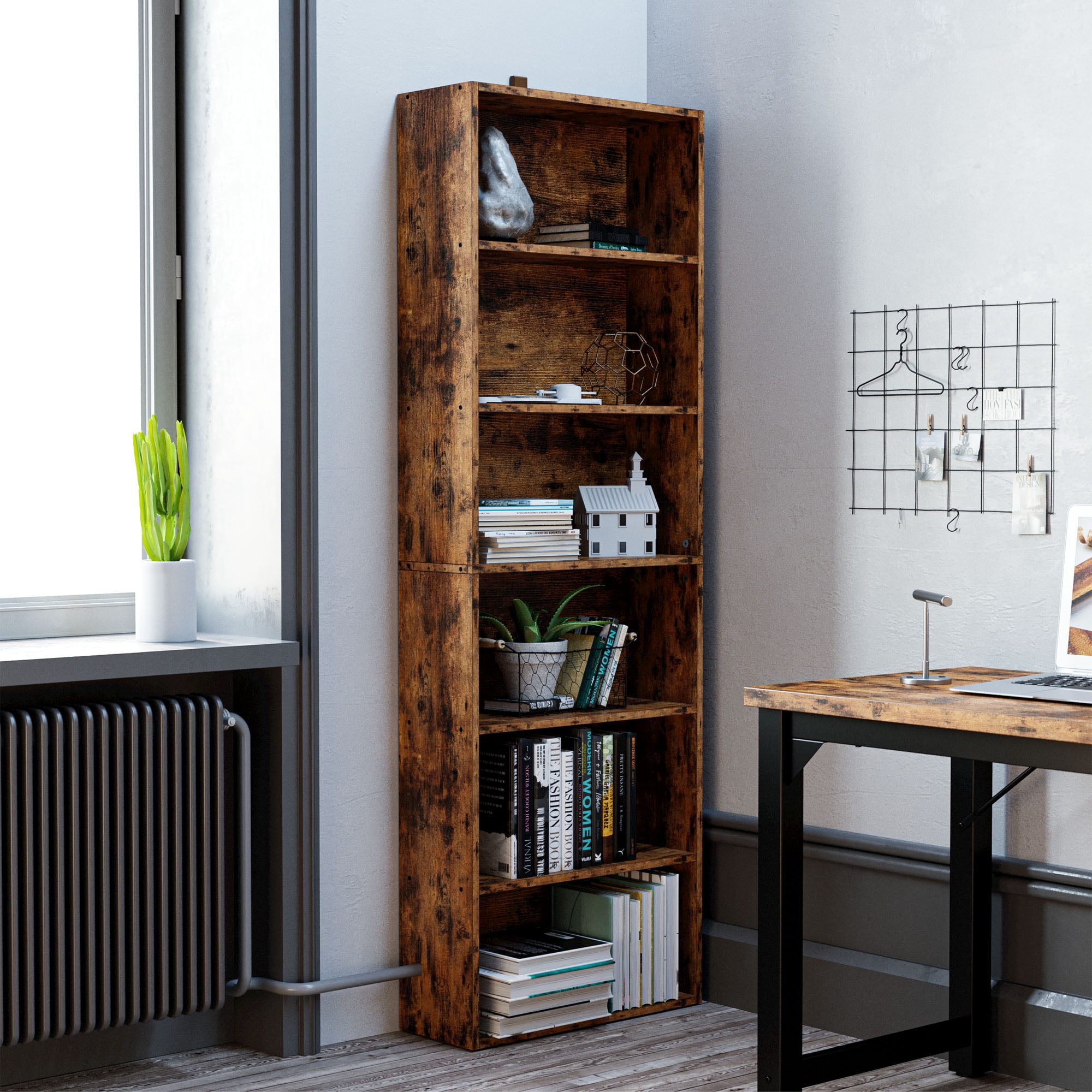 IRONCK Bookcases Floor Standing 6 Tier Shelves 70in Tall for Home Office, Vintage Brown - Image 2