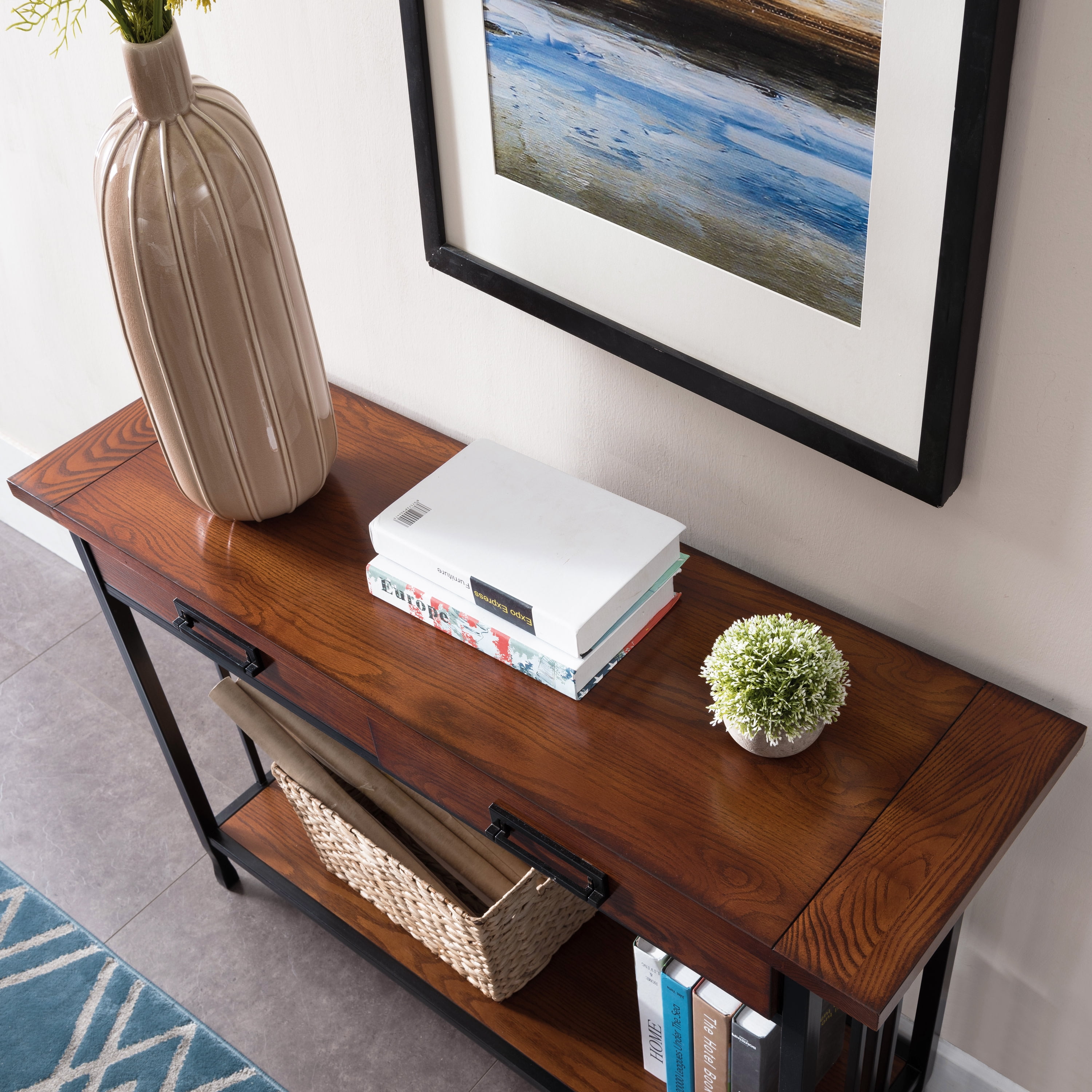 Leick Home Ironcraft Two Drawer Console Table in Mission Oak Finish - Image 15