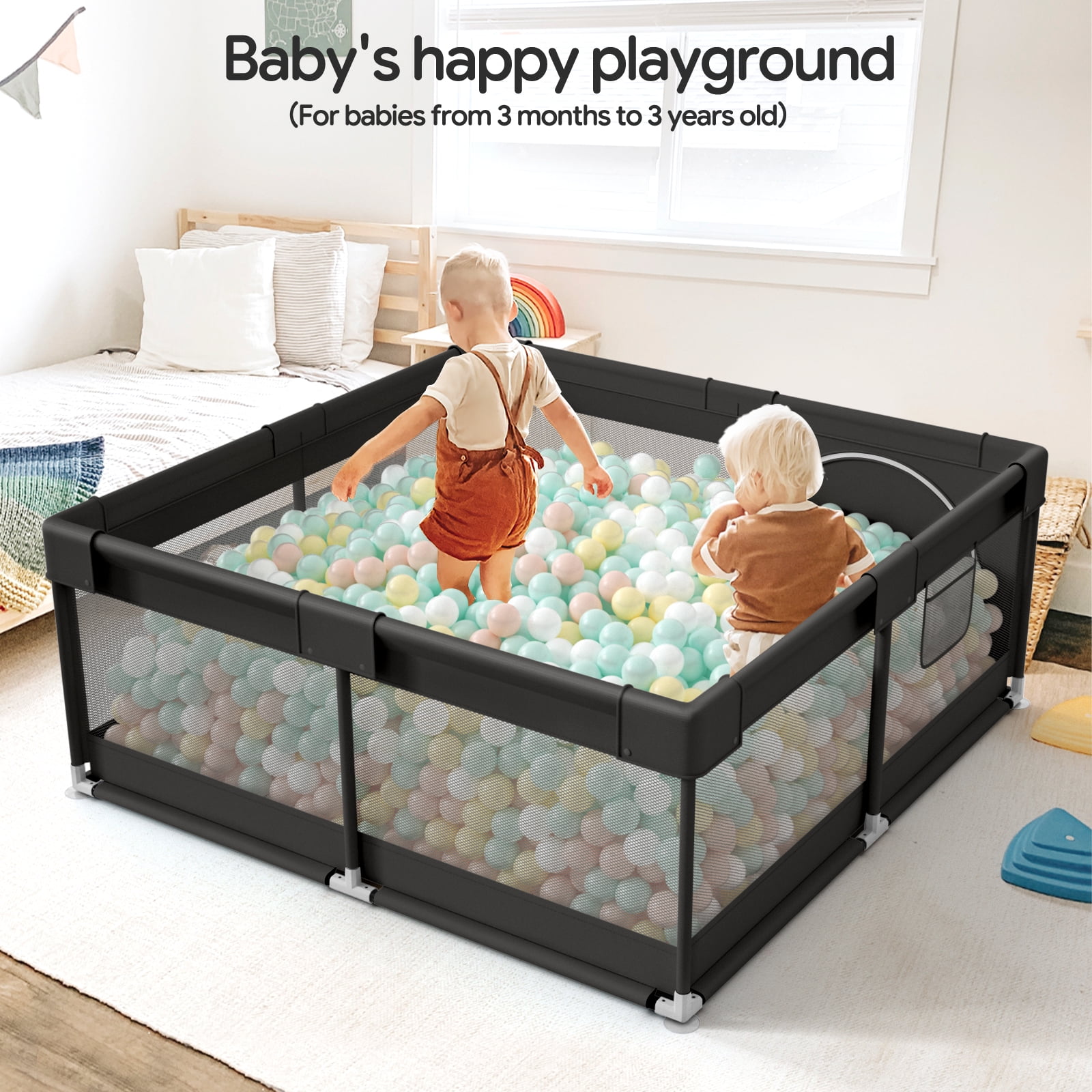 Pkinoicy Black Baby Playpen, 47"x47", Compact Play Area for Infants and Toddlers - Ideal for Apartments - Image 3