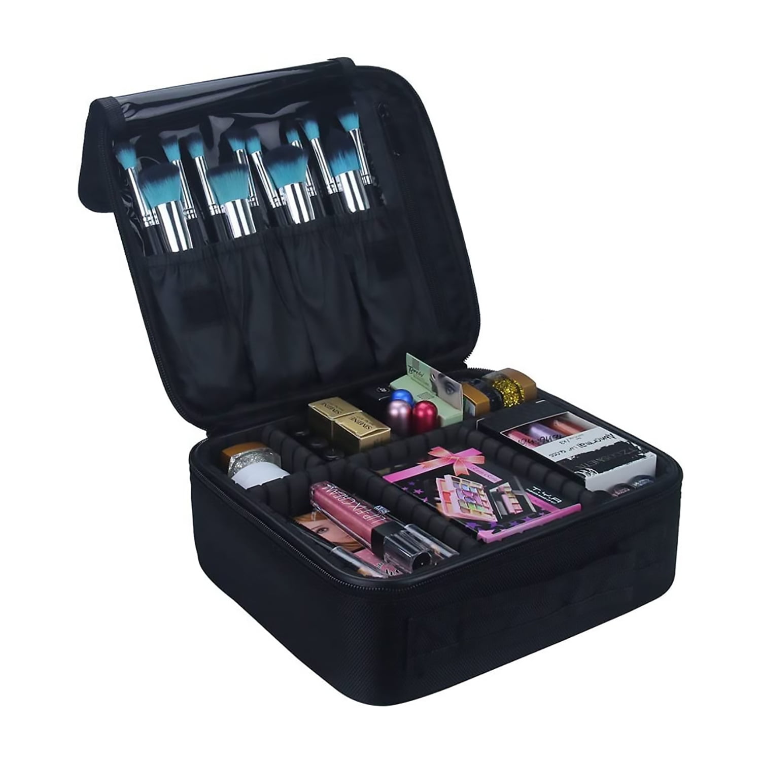 Travel Makeup Train Case Makeup Cosmetic Case Organizer Portable Artist Storage Bag with Adjustable Dividers for Cosmetics Black Makeup Bag - Image 4