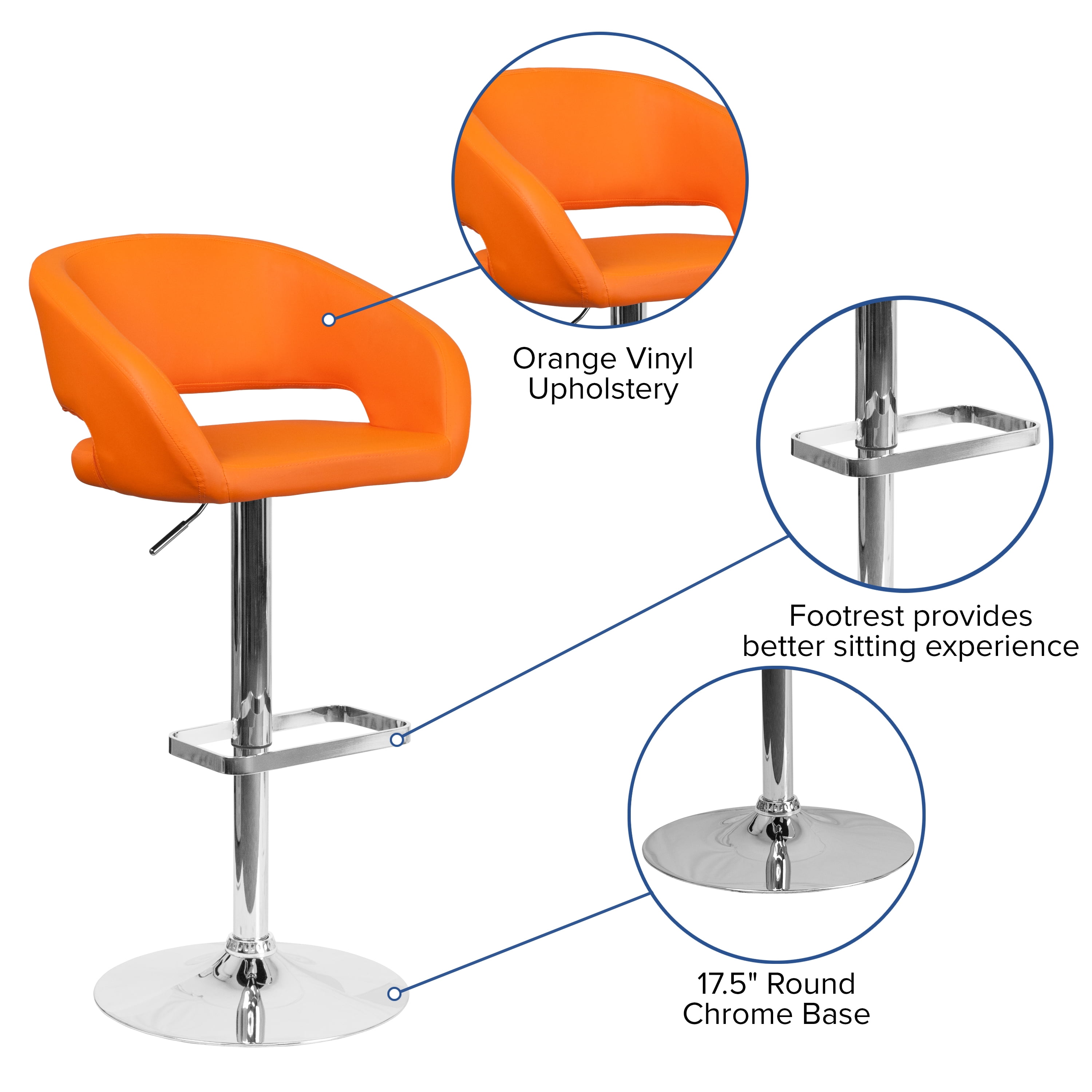 Flash Furniture Erik Contemporary Orange Vinyl Adjustable Height Barstool with Rounded Mid-Back and Chrome Base - Image 7