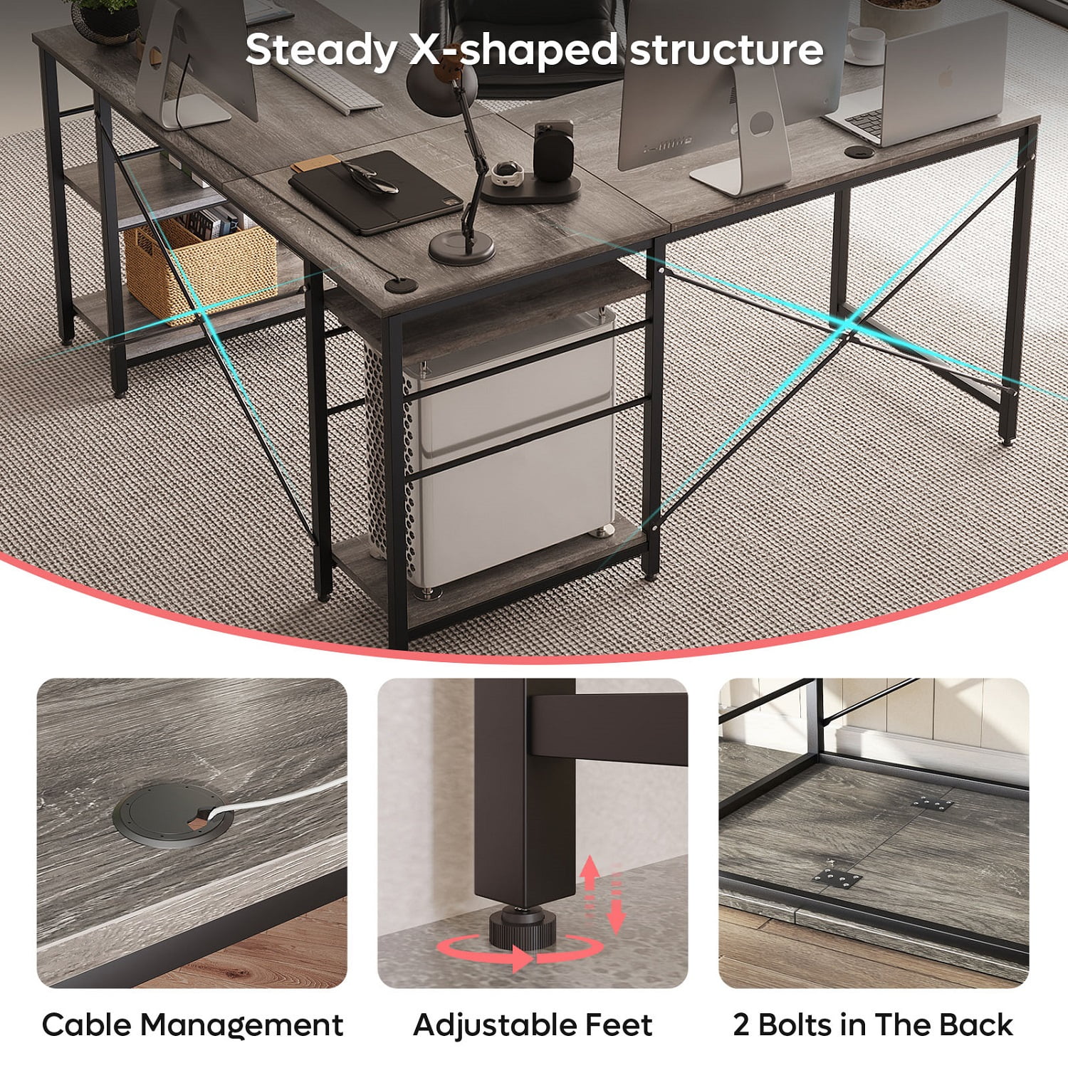 Bestier 95.5 inches L-Shaped Corner Computer Desk with Shelves Long Table Three-Way Convertible in Grey - Image 6
