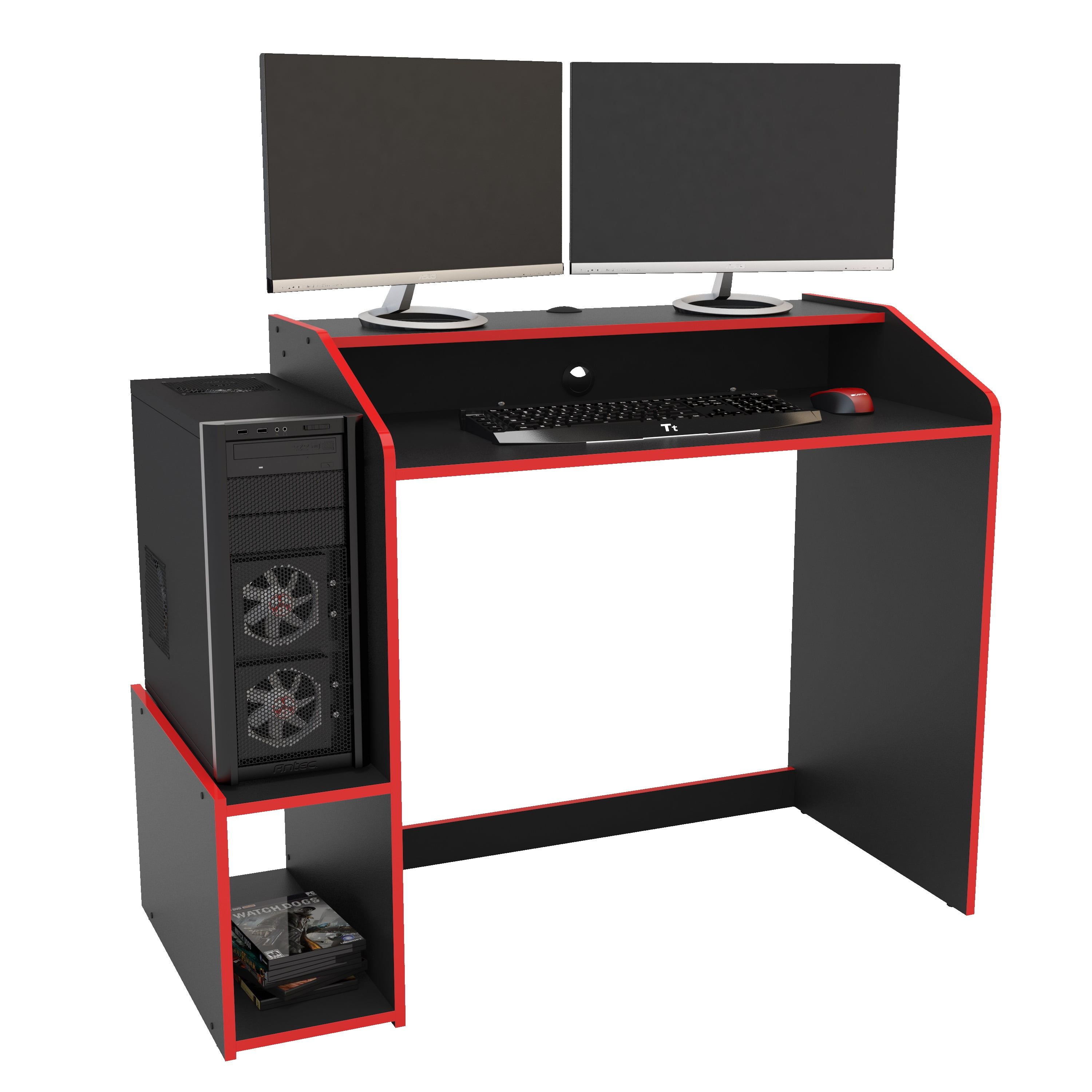 Polifurniture Legend 45.5 in. Computer Gaming Desk with Storage, Black and Red - Image 3